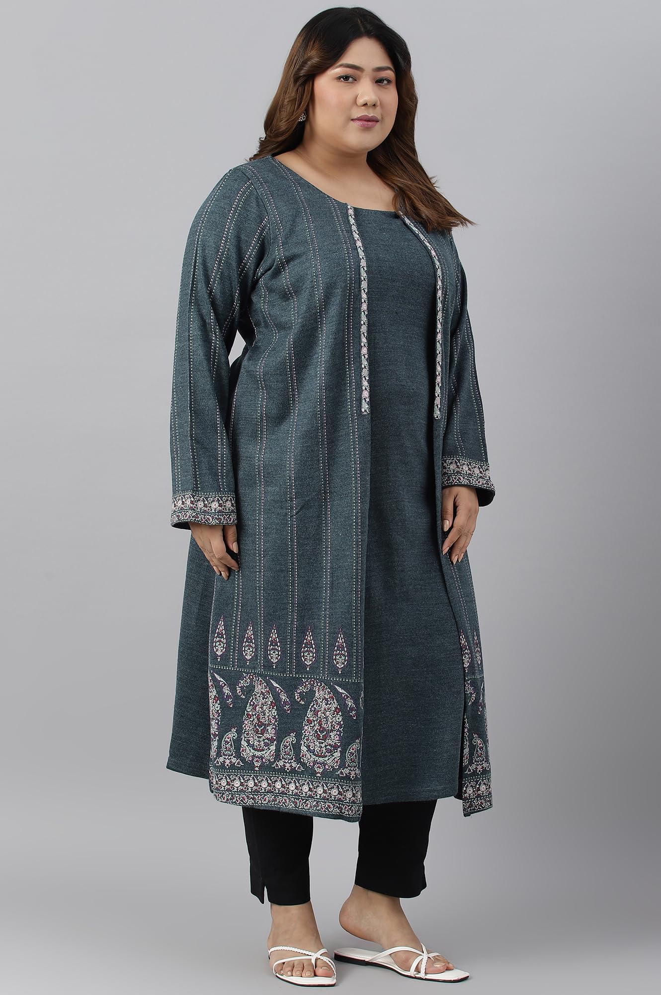 W for Woman Women Acrylic Mock Layer Printed Winter Kurta