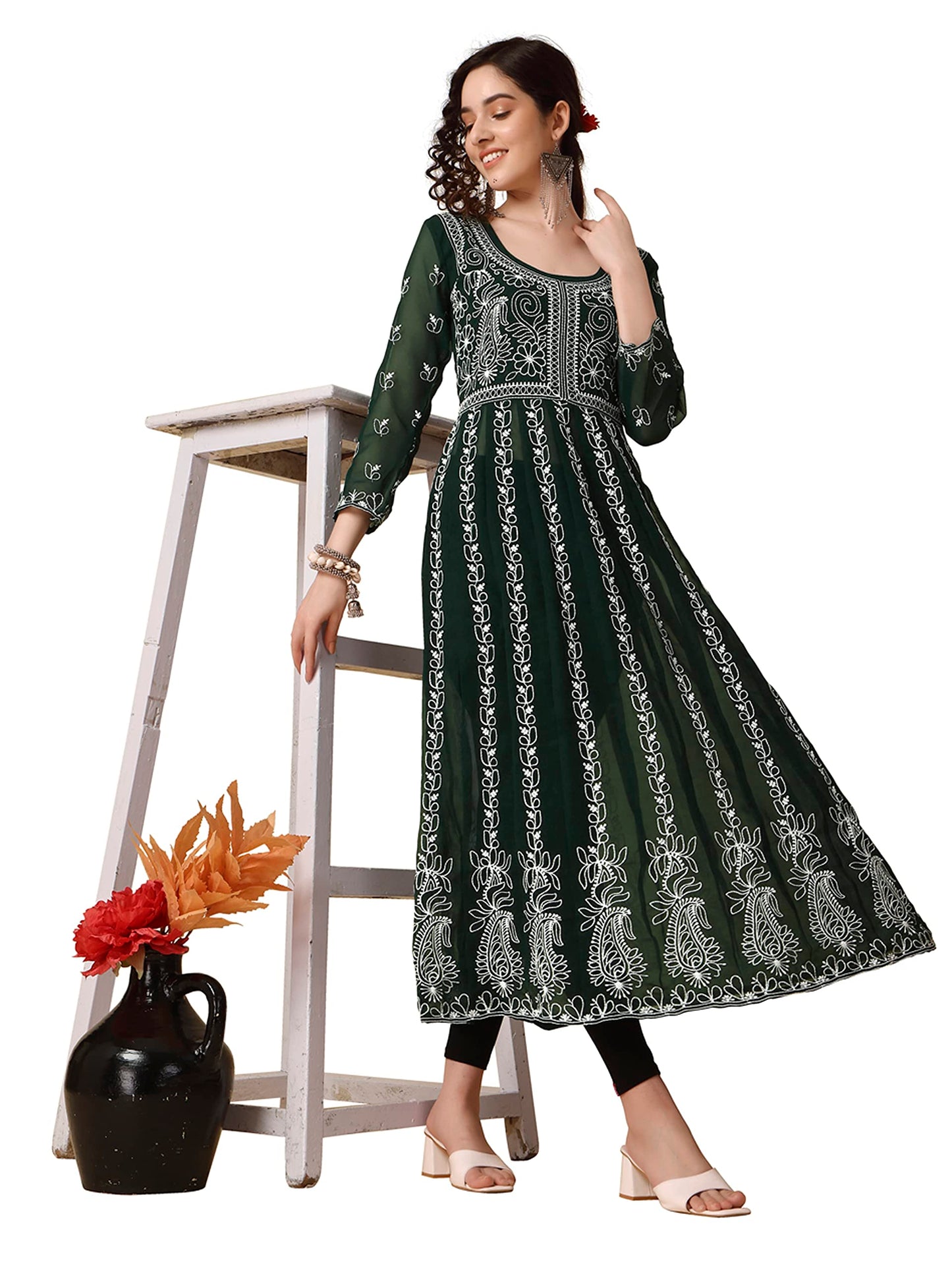 EthnicJunction Women s Green Lucknowi Chikankari Embroidered Thread Work Georgette Anarkali Kurta (B19-Apsara-Bottle Green_L_Bot