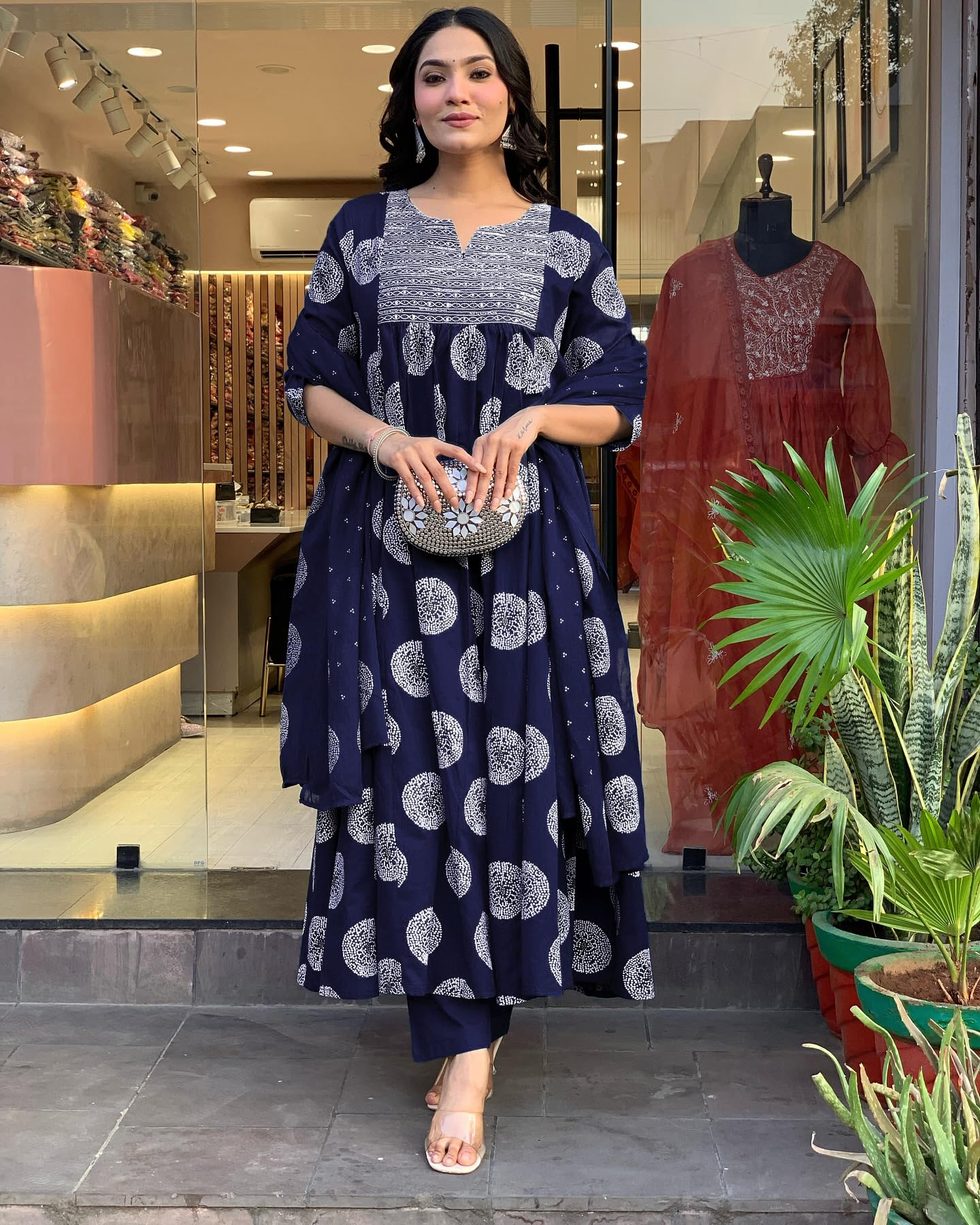 Toochki WomenS Rayon Viscose Anarkali Printed Kurta With Palazzo & Dupatta Naby Blue