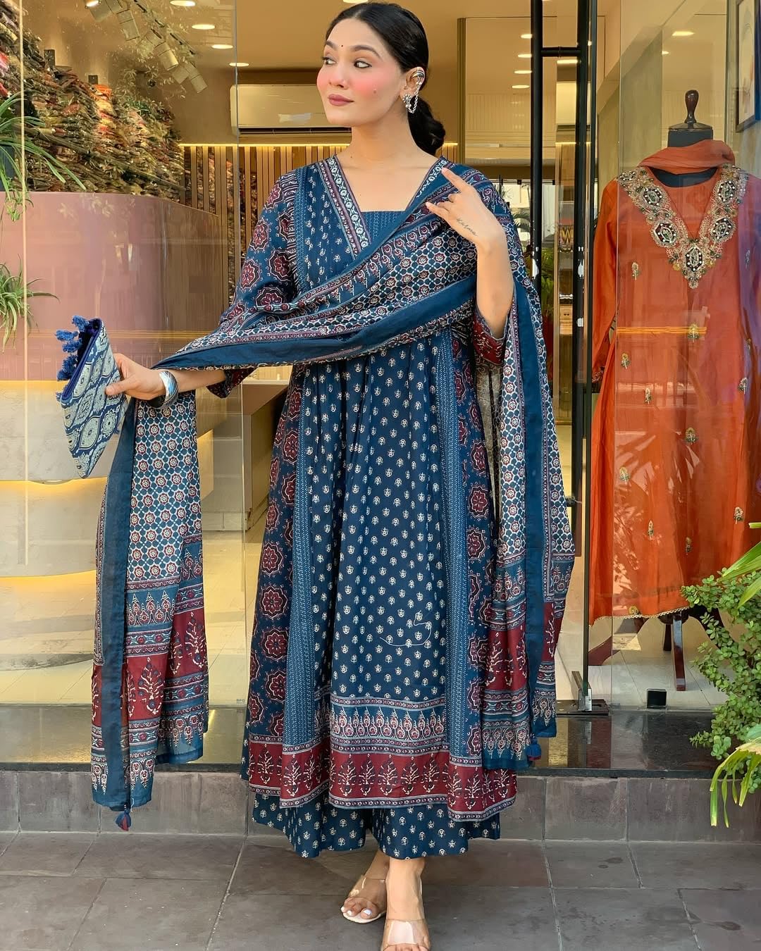 KLOSIA Women Rayon Printed Flared Anarkali Kurta And Pant With Dupatta Set