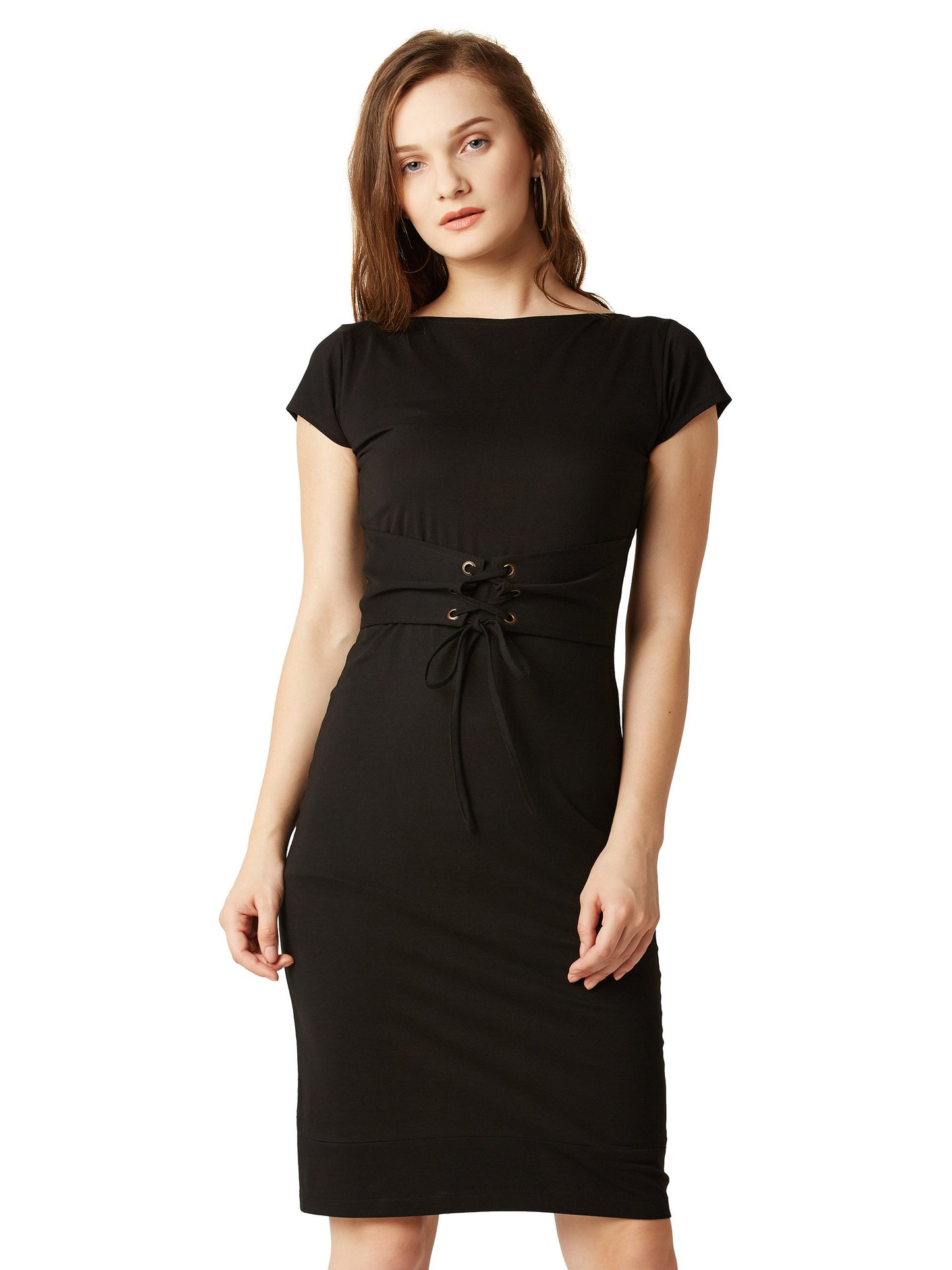 Miss Chase WomenS Boat Neck Cap Sleeves Belt Tie-Up Mini Shift Dress (Plus Size) (Mcaw17D09-59-62-07, Black, 2Xl)