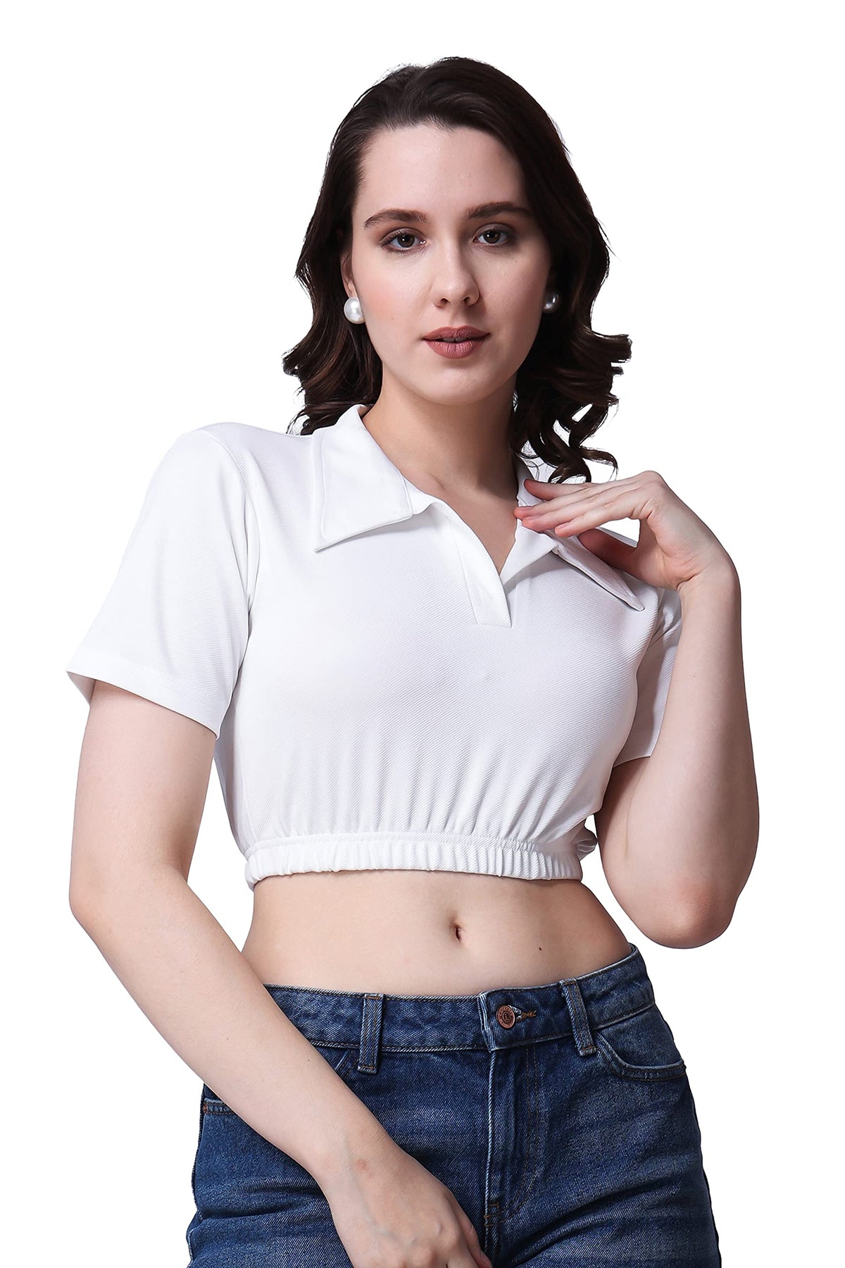POPWINGS Casual Solid Collared Short Sleeves Crop Top for Women || Stylish Comfortable Women Crop Top for Summer White