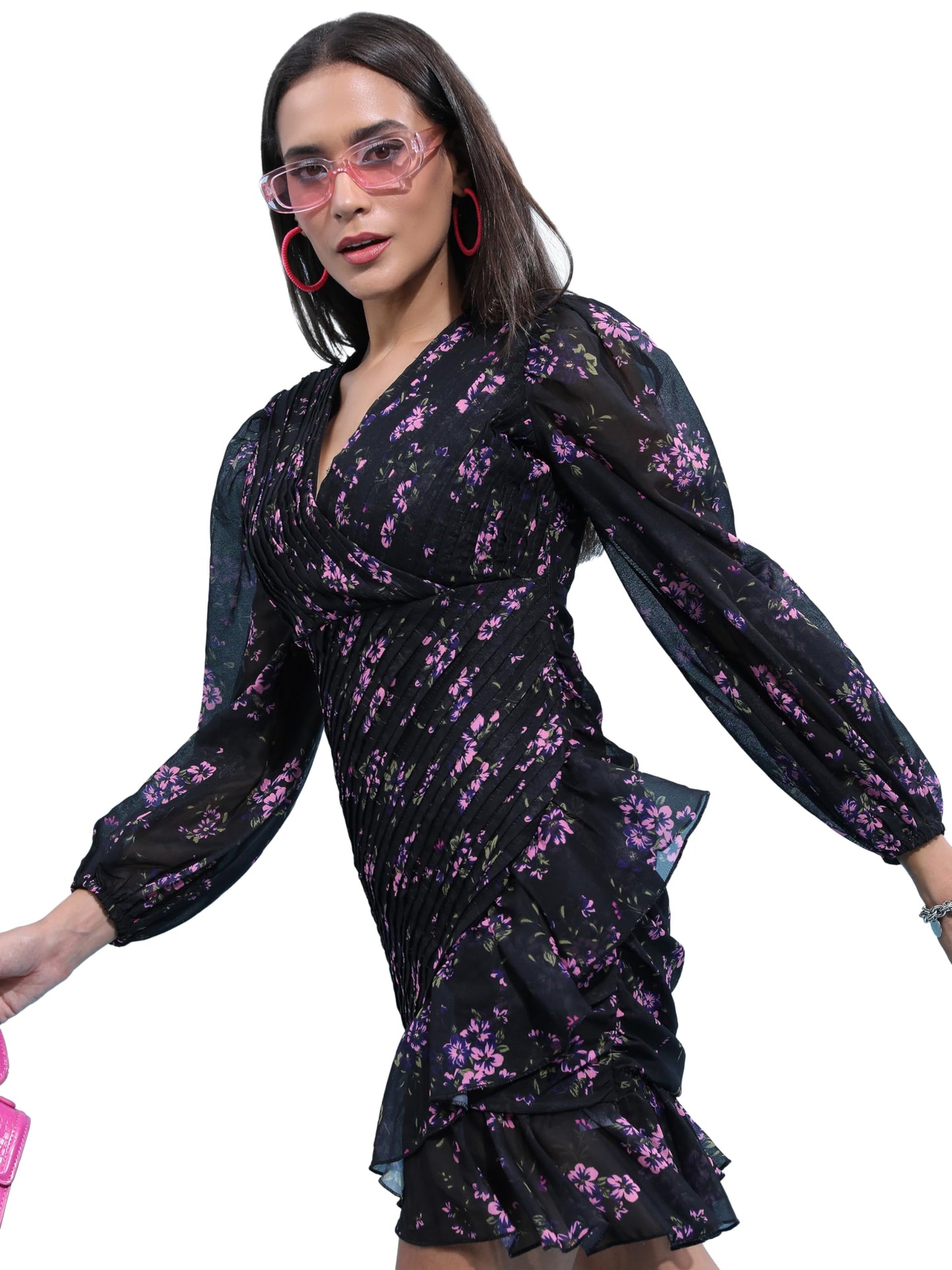 Ketch Women'S Polyester Wrap Mini Dress (Khj6000297_Black