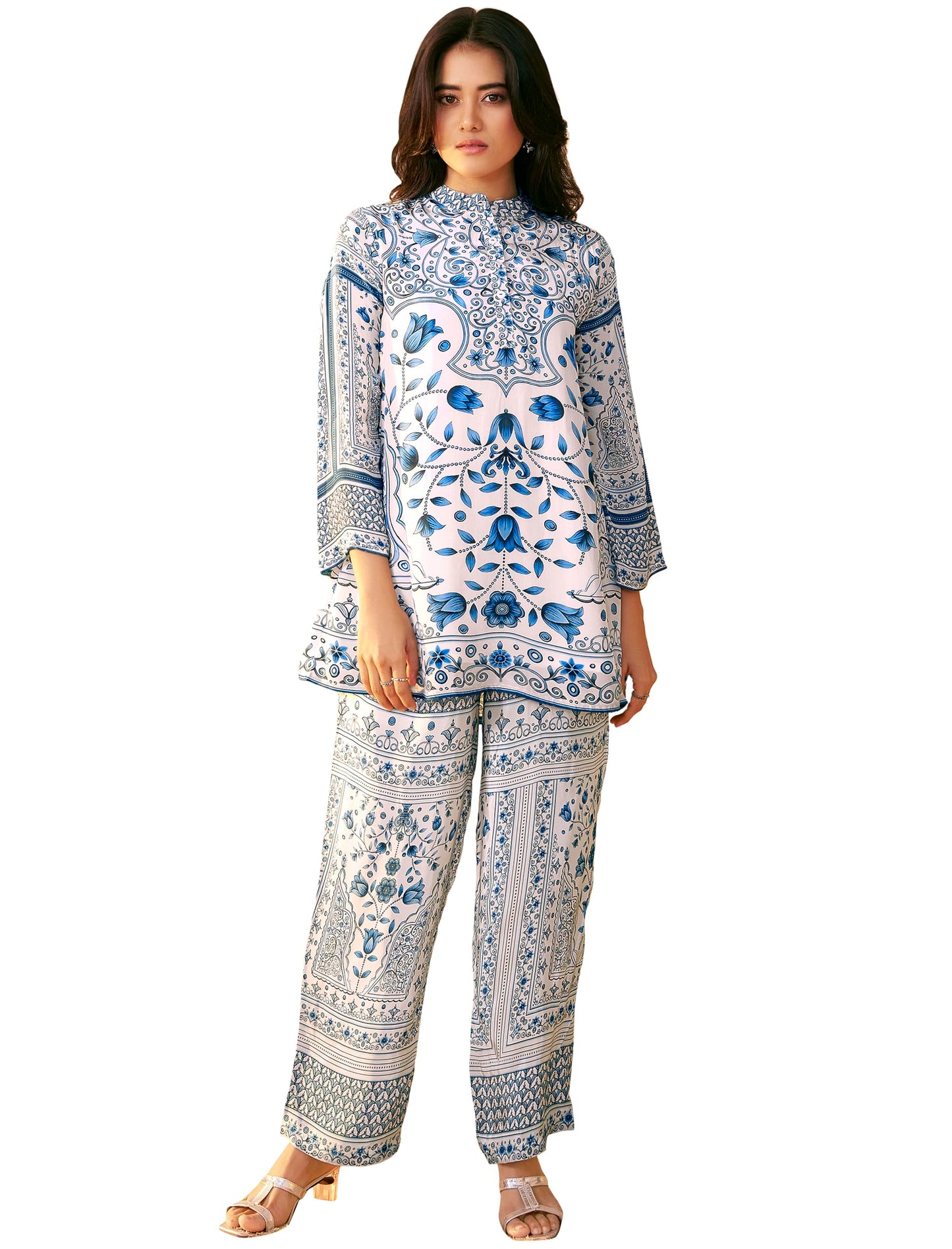 Pinkmint Pure Crepe Women's Ethinc Floral Design Tunic Top & Printed Pants l Stylish Bell Sleeve Regular Fit Co Ord Set (Availab