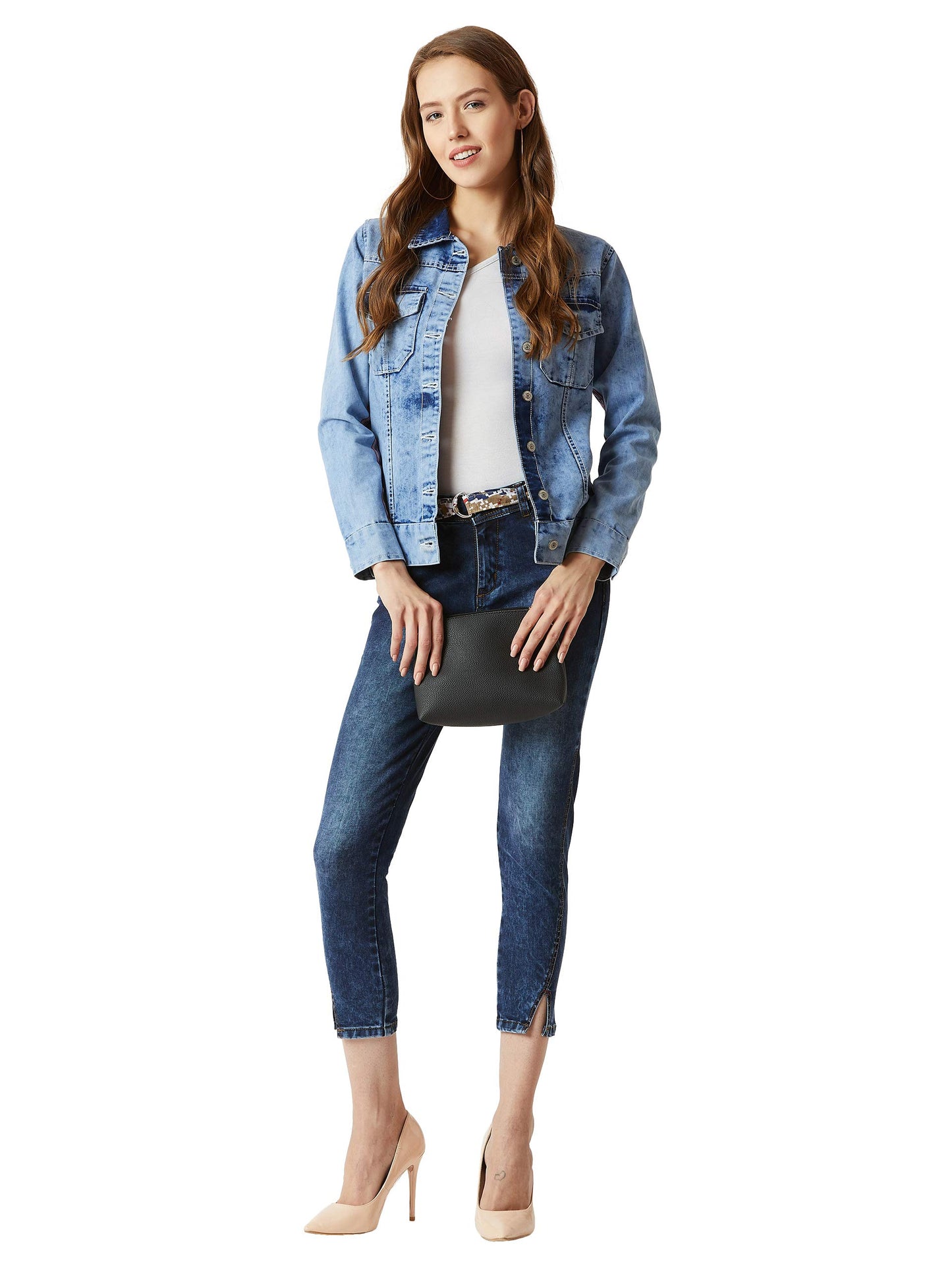 Miss Chase WomenS Collared Full Sleeve Denim Twill Tape Detailing Denim Jacket (Mcaw24Den82-12-350-06, Baby Blue, Xl)