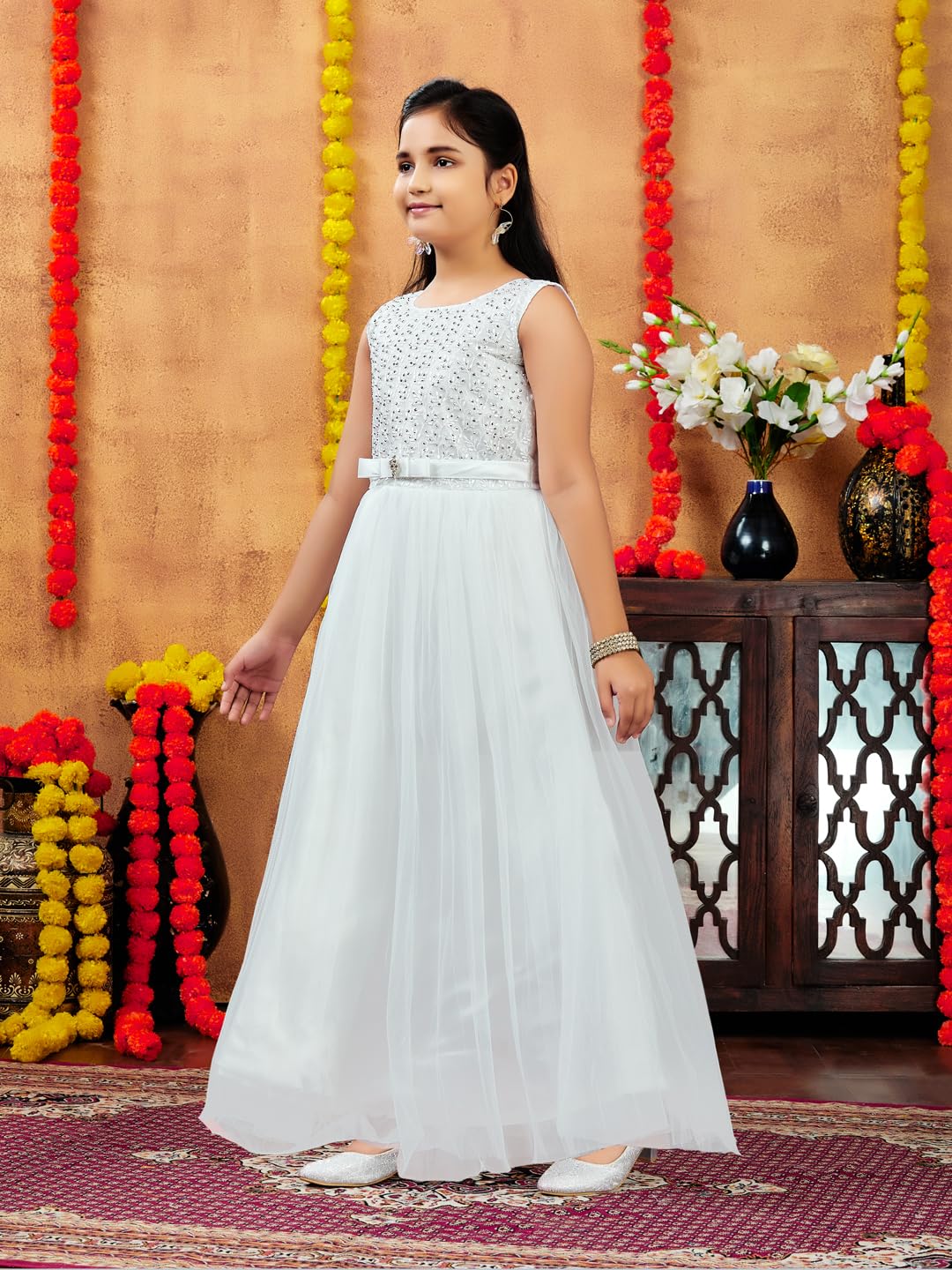 Aarika Girls White Colour Embellished Net Gown (9-12 Years)