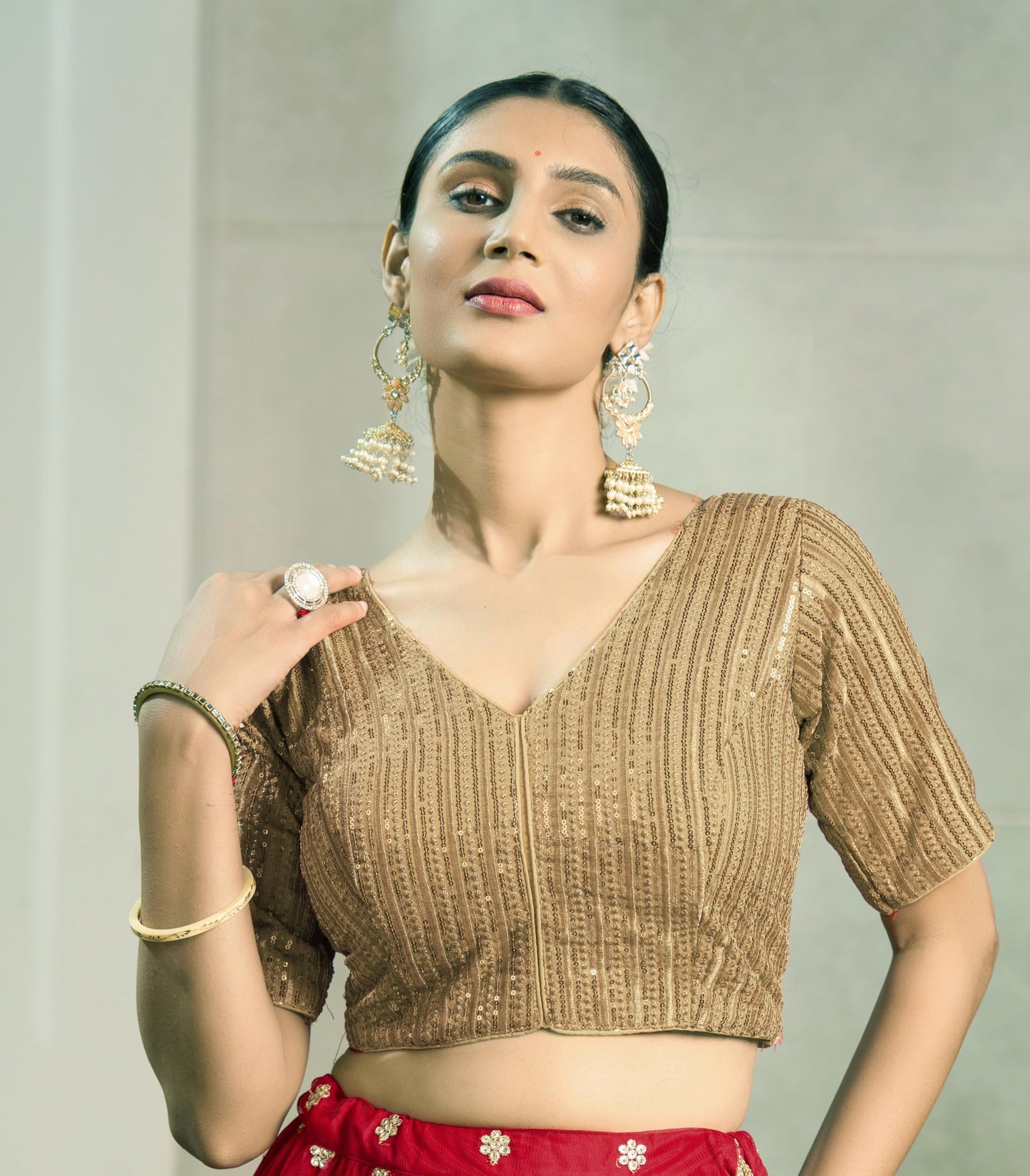 Pujia Mills Women's Designer Embroidered Sari Blouse, Georgette, Gold, Size 74, PM B Navya Model, Deep V Neck, Half Sleeve