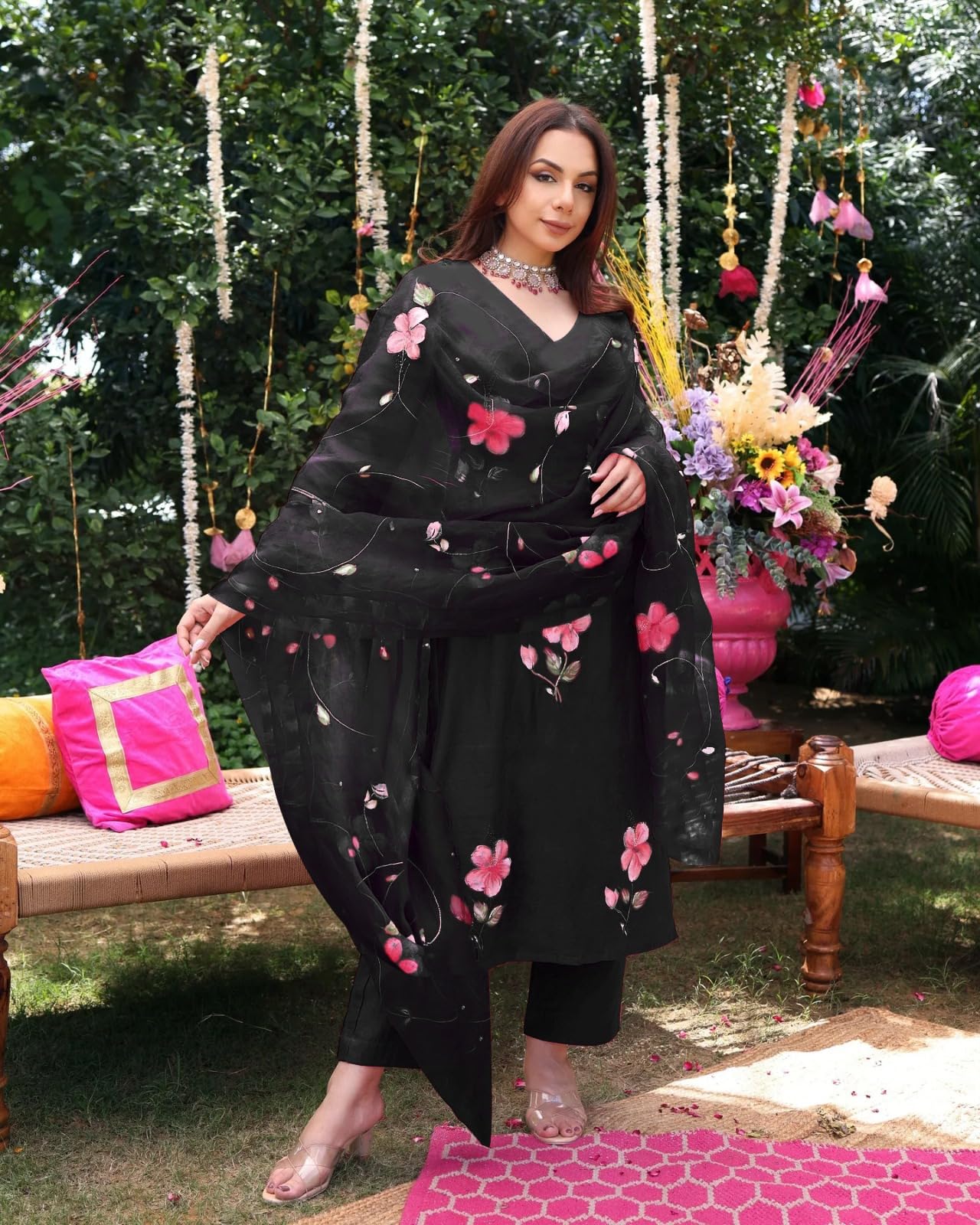 ANNI DESIGNER Viscose Rayon Printed Kurta with Trousers & Dupatta, 3XL, Black, Model ROKA RANI