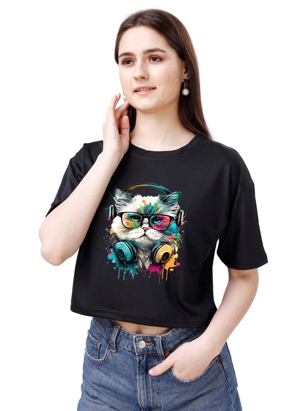 ELLITI Soft Rich Cotton Casual Cat Face Printed Black Half Sleeve | Round Neck | Oversized/Loose Fit | Down Solder | Rainbow Col