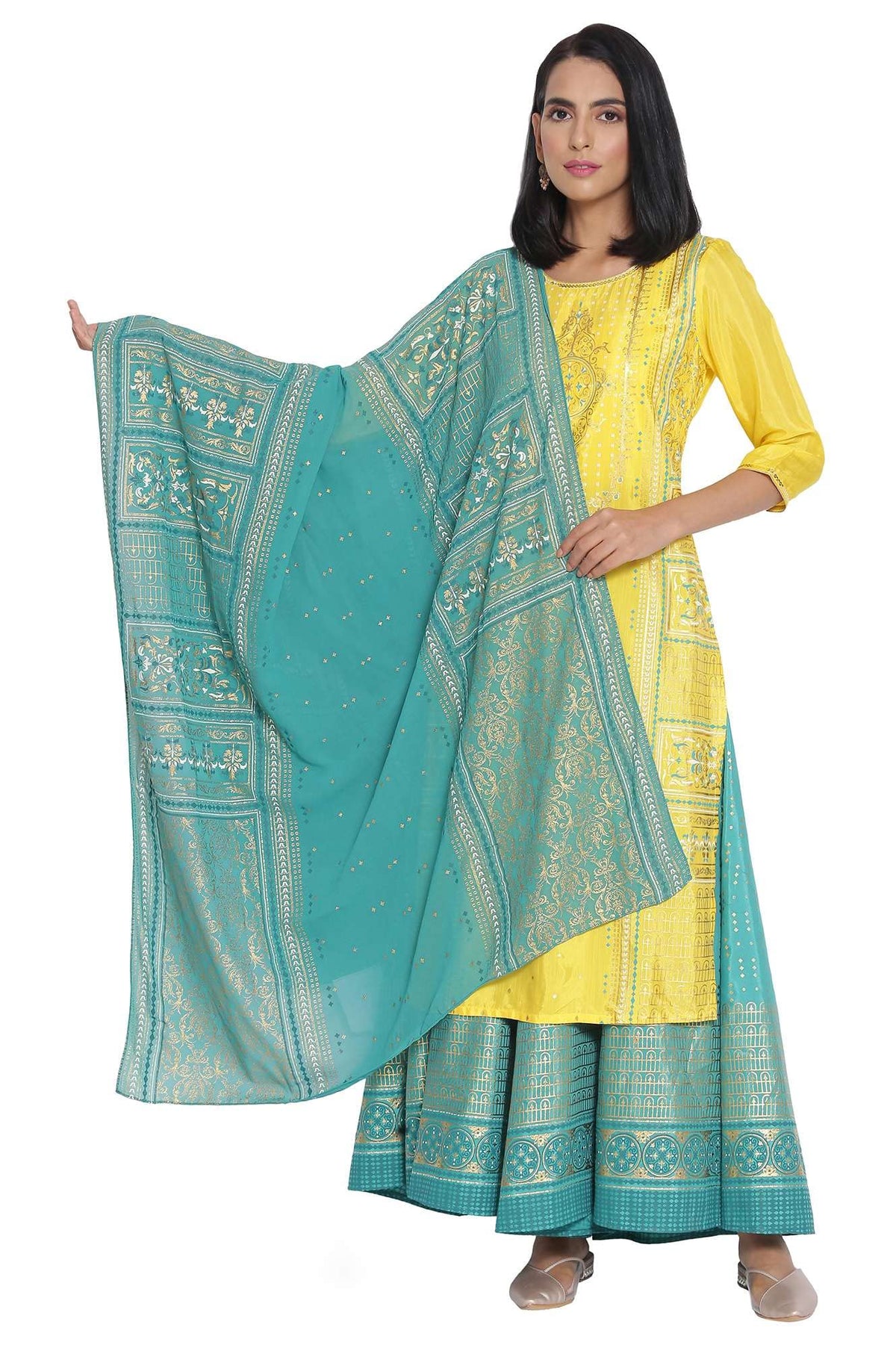 Aurelia WomenS Polyester Green Foil Print Dupatta, Free Size