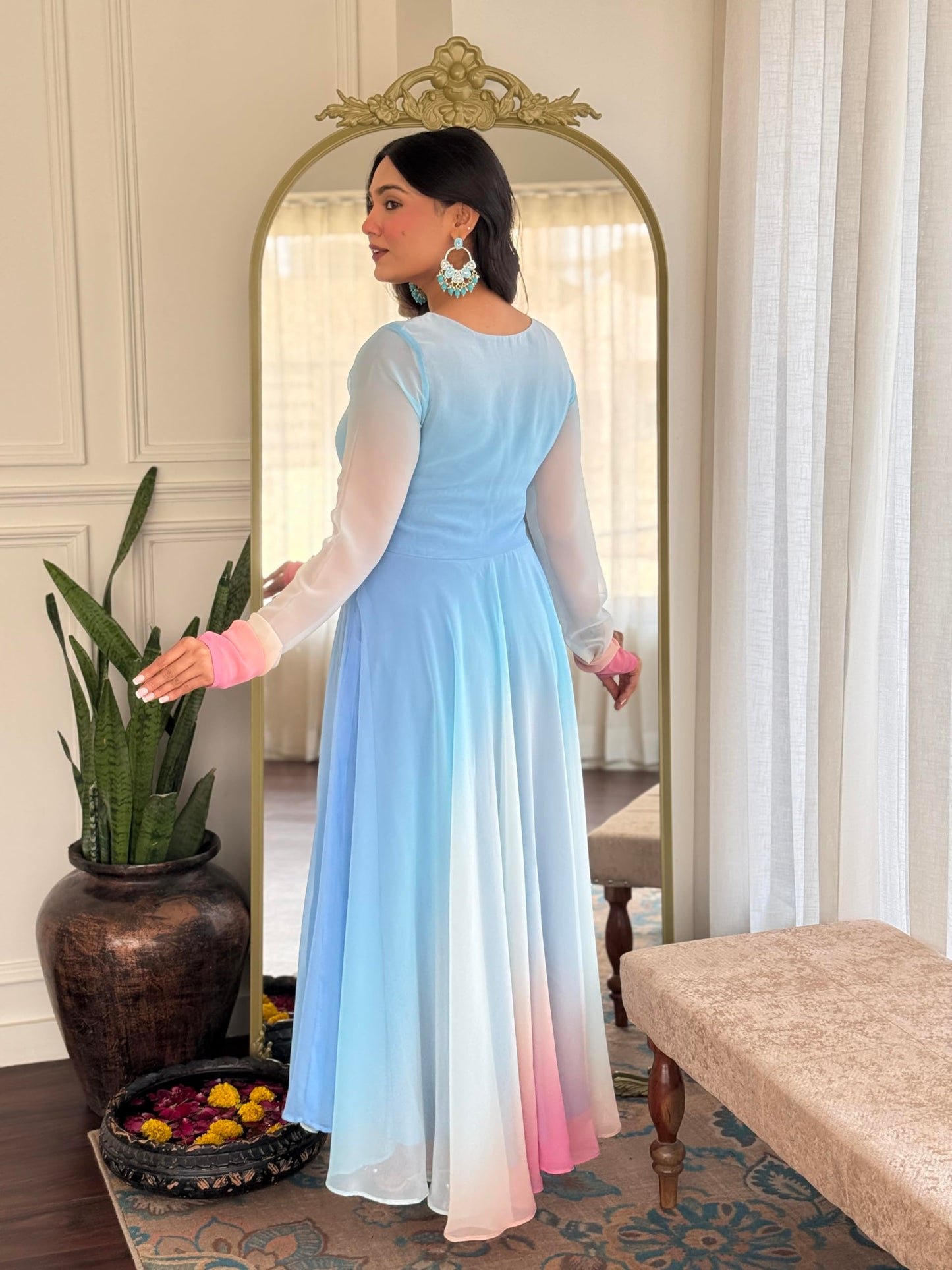 GoSriKi Women's Georgette Anarkali Solid Kurta with Pant & Dupatta