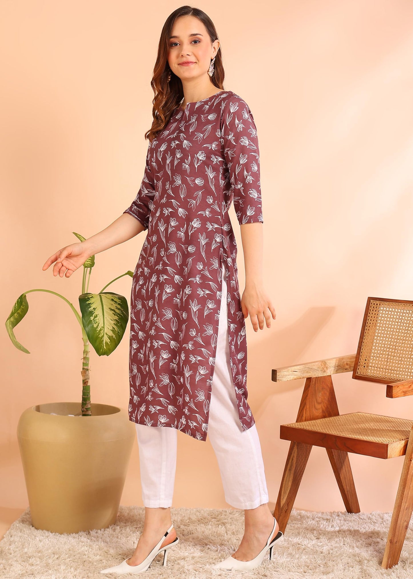 Dsk Studio Poly Rayon Printed Straight Kurti For Women-Coffee