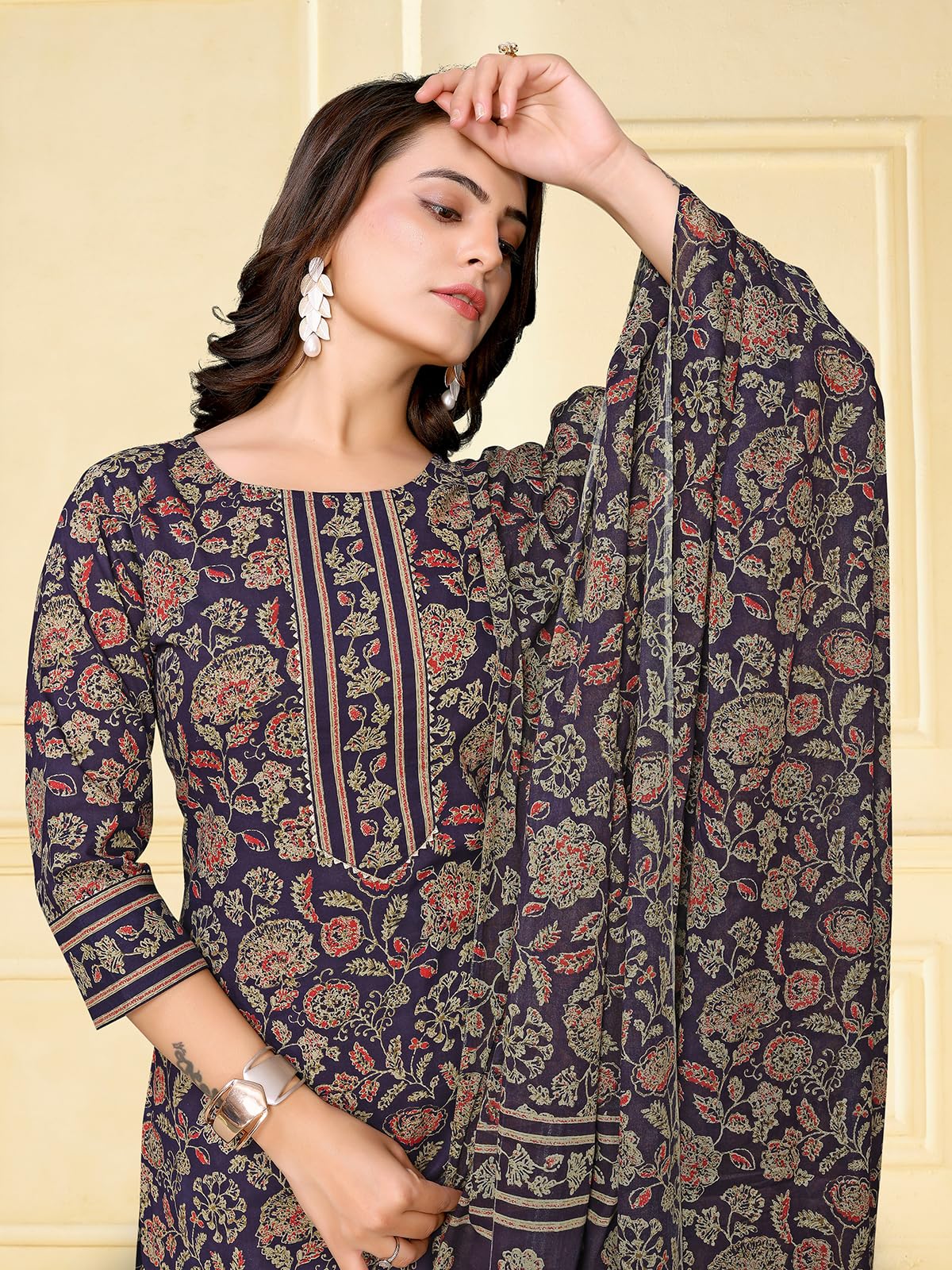 rangita Navy Blue Cotton Printed Straight Kurta with Pant and Dupatta | Kurta Set for Women