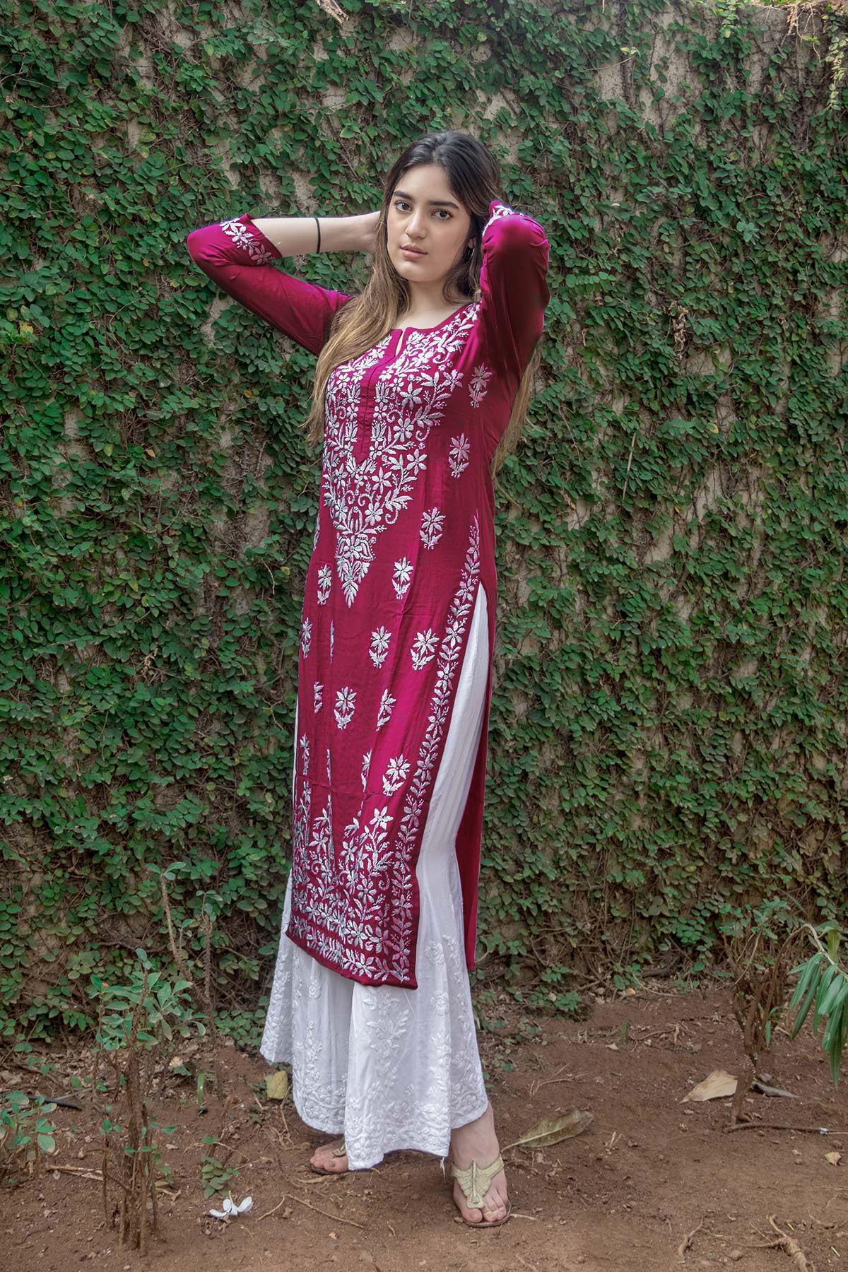 GoSriKi Ladies Rayon Blend Chikankari Kurta, 4X-Large, Pink, Model Victoria Purple-GS