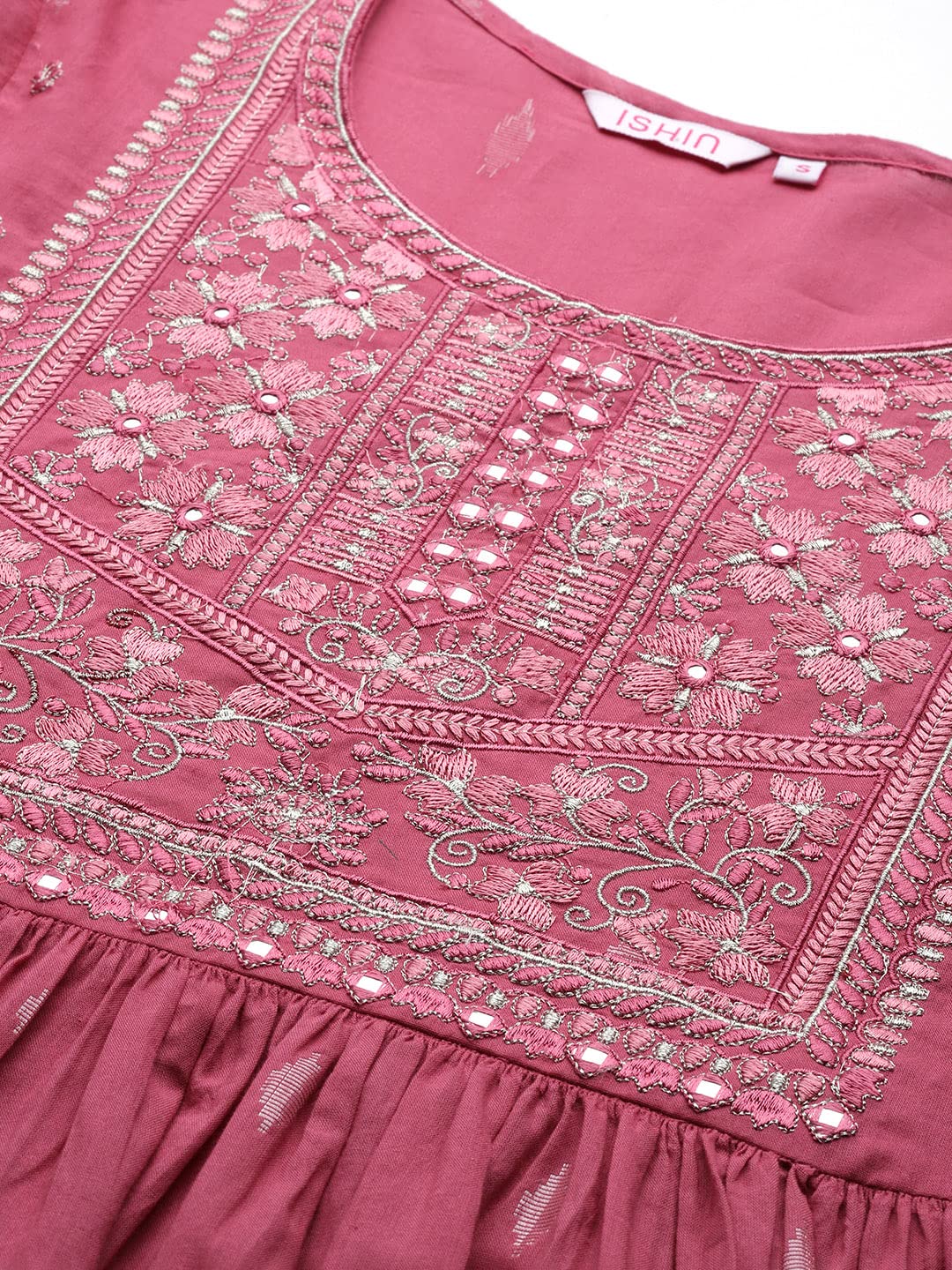 ishin Cotton Blend Women's Muave Floral Yoke Design Flared Kurta Set With Pants & With Dupatta