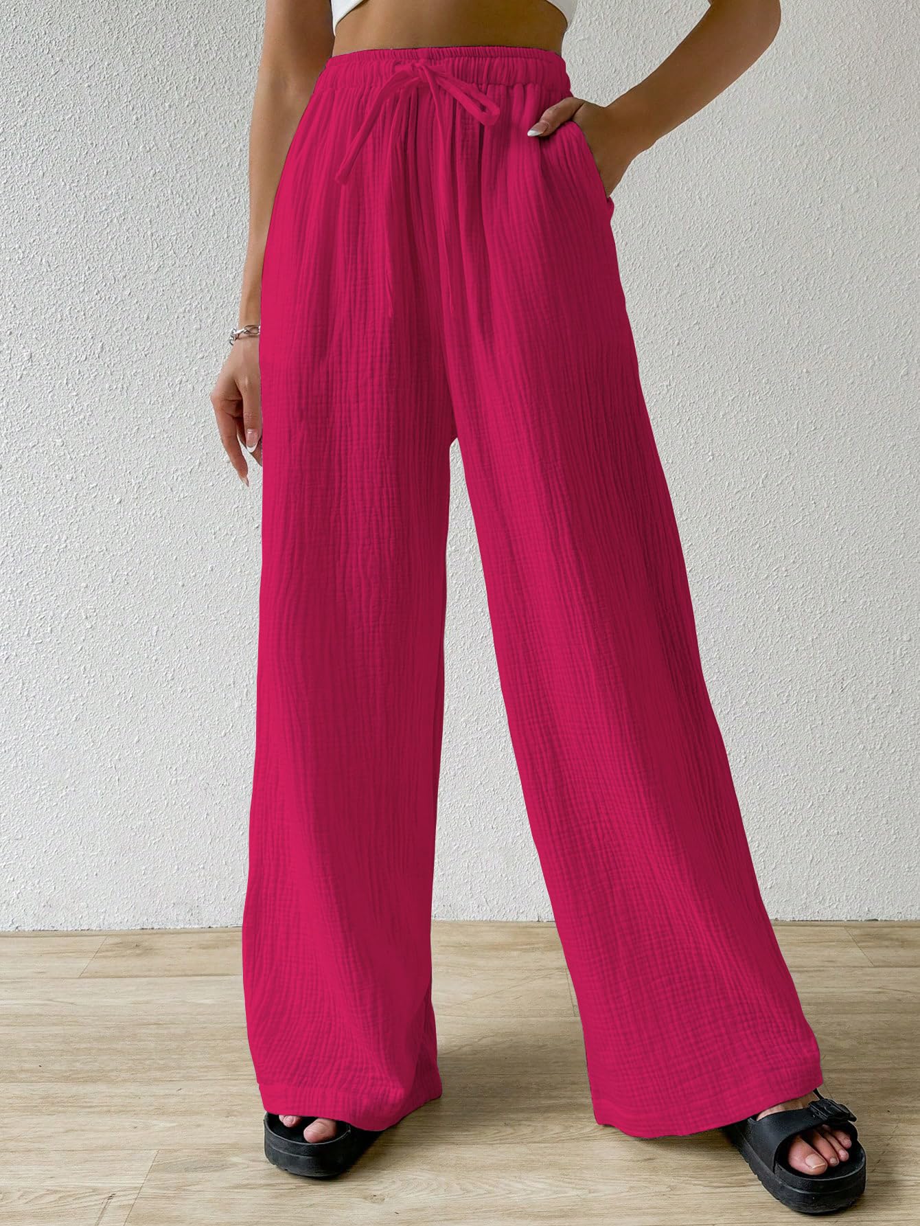 Shasmi Womens Hot Pink Loose Wide-Leg Pants with Textured Wrinkled Fabric and Drawstring Waist Long Trousers (Pant 157 Hot Pink