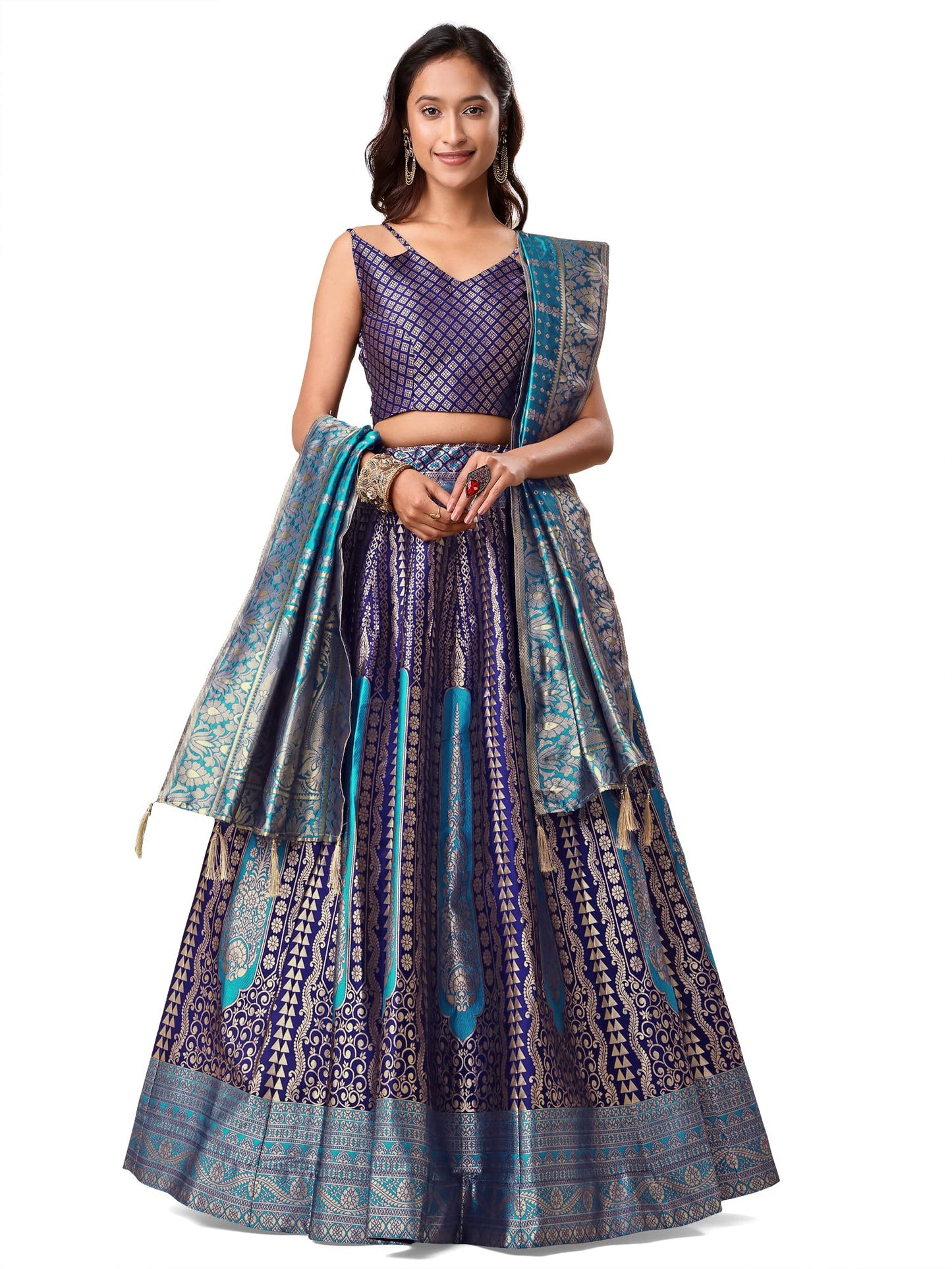 Purvaja WomenS Jacquard Semi-Stitched Lehenga Choli (Lihaaz-Navy-Blue_Navy-Blue_Free Size)