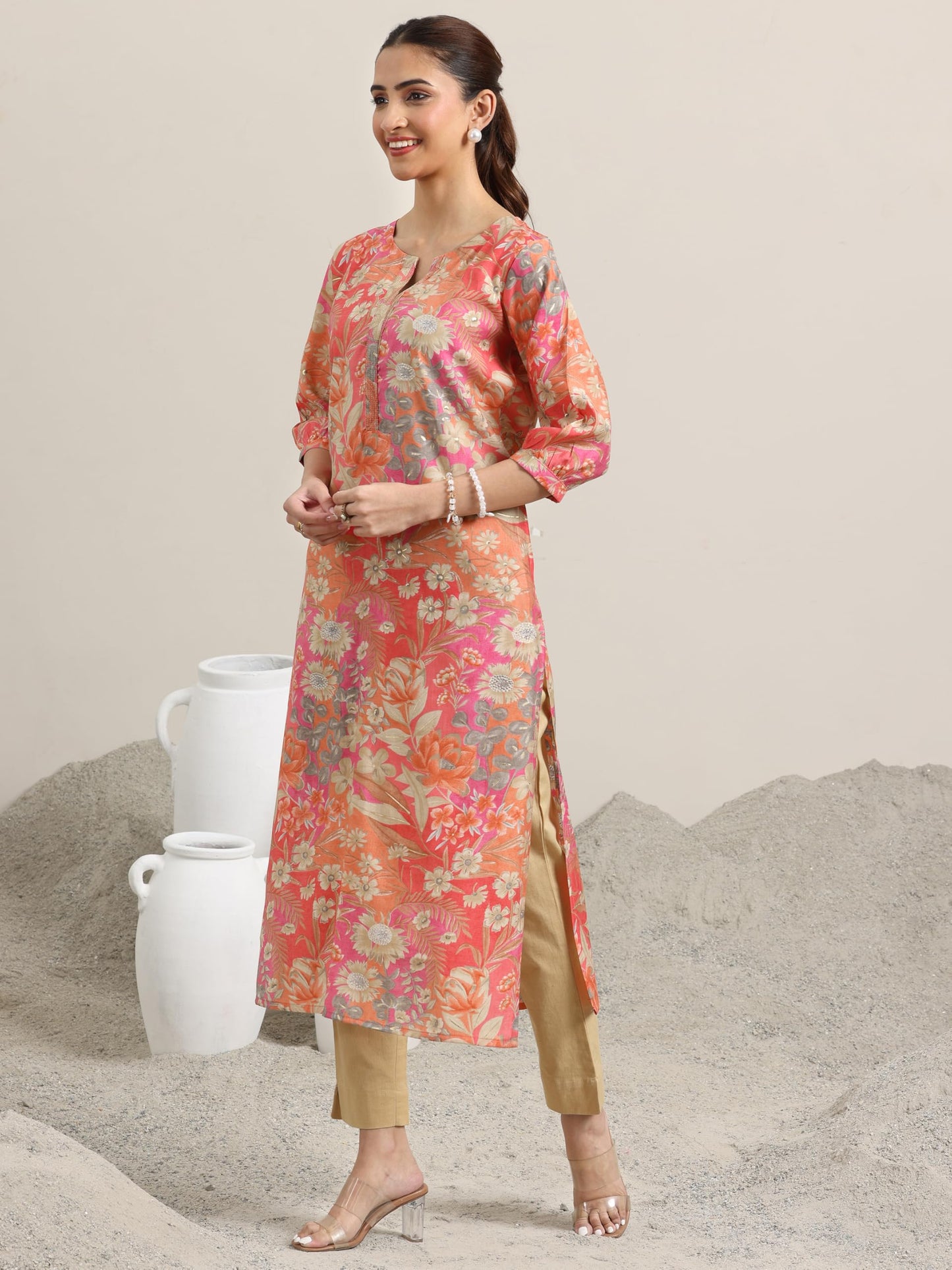 Libas Women's Silk Blend Floral Straight Kurta