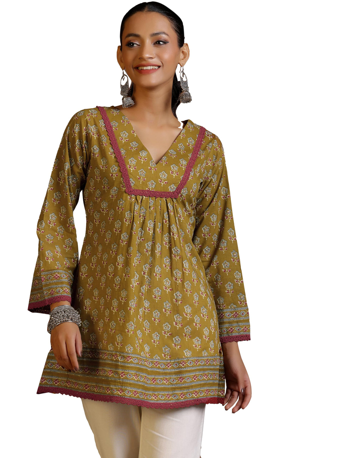 Libas Womens Printed Cotton A-Line Kurti For Women Olive