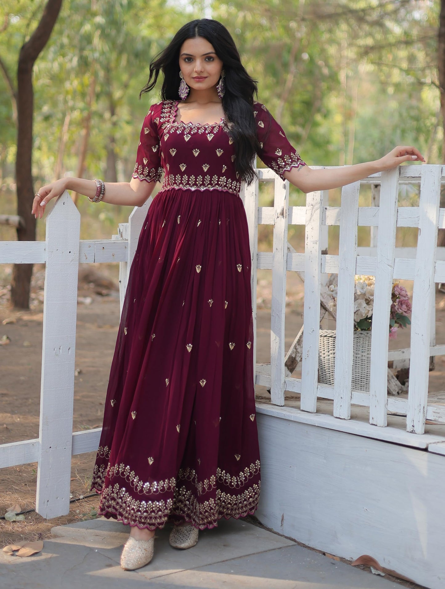 Fashion Basket Georgette Maroon Embroidered Gown For Women