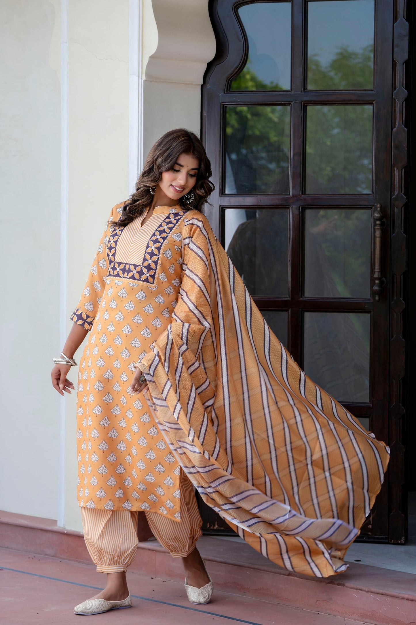 Yashika Kurta Set - Printed Cotton Blend, Size 36, Yellow, Model AZ-YS-P10-KS2123-S, Ethnic Elegance for Women