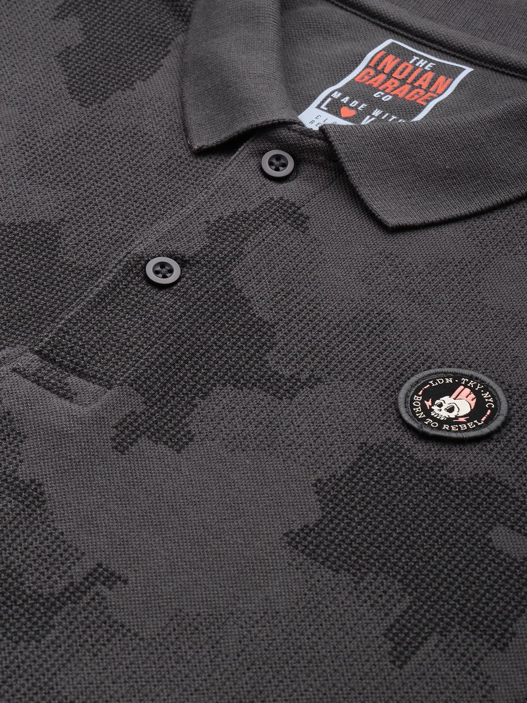 The Indian Garage Co Men Slim Fit Abstract Printed Polo Collar Tshirt Grey