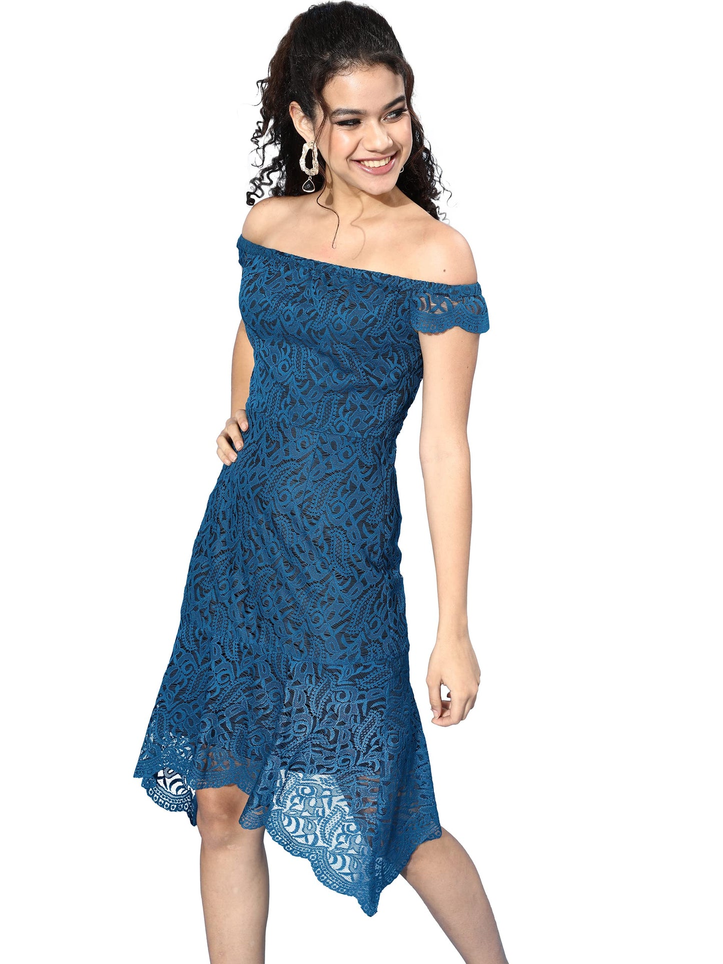 Miss Chase WomenS Teal Off-Shoulder Short Sleeve Floral Bardot Knee-Long Dress (Mcaw21D99-62-83-02, Teal, Xs)