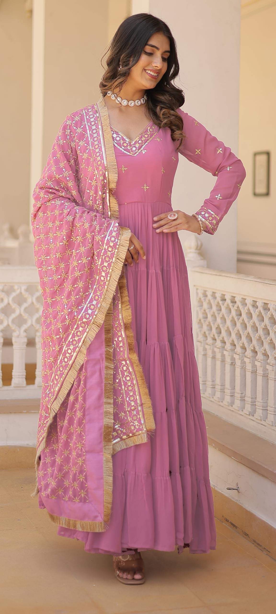 Fashion Basket WomenS Georgette Anarkali Dress Pink