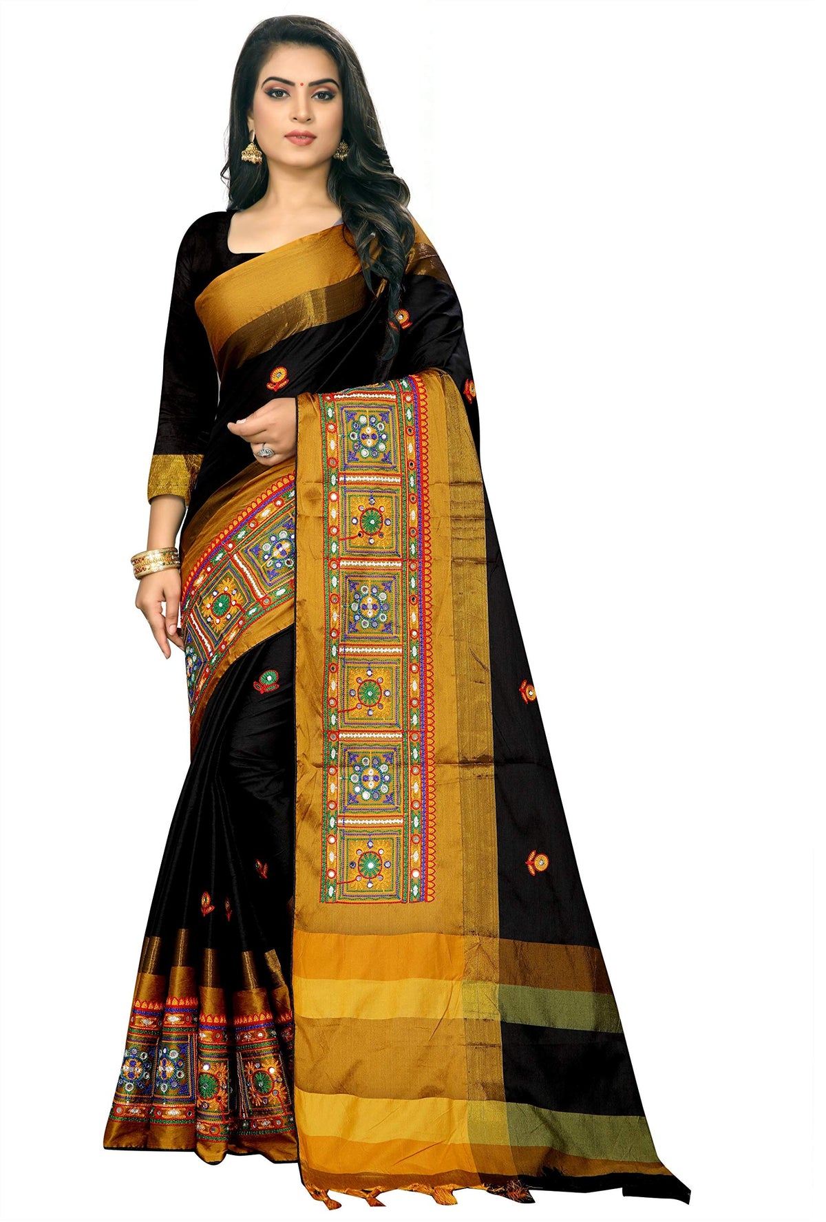 SERONA FABRICS Womens Banarasi Cotton Silk Embroidered Work Saree With Blouse Piece