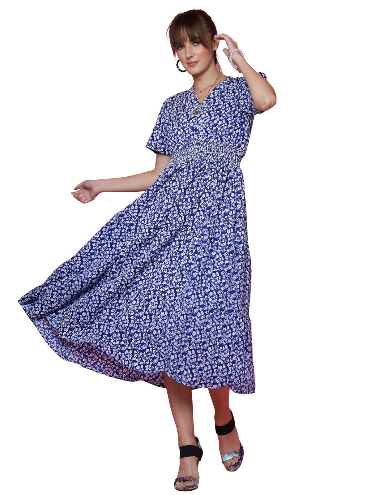 Sheetal Associates WomenS Casual Half Sleeve Crepe Printed Fit And Flare Dress Blue