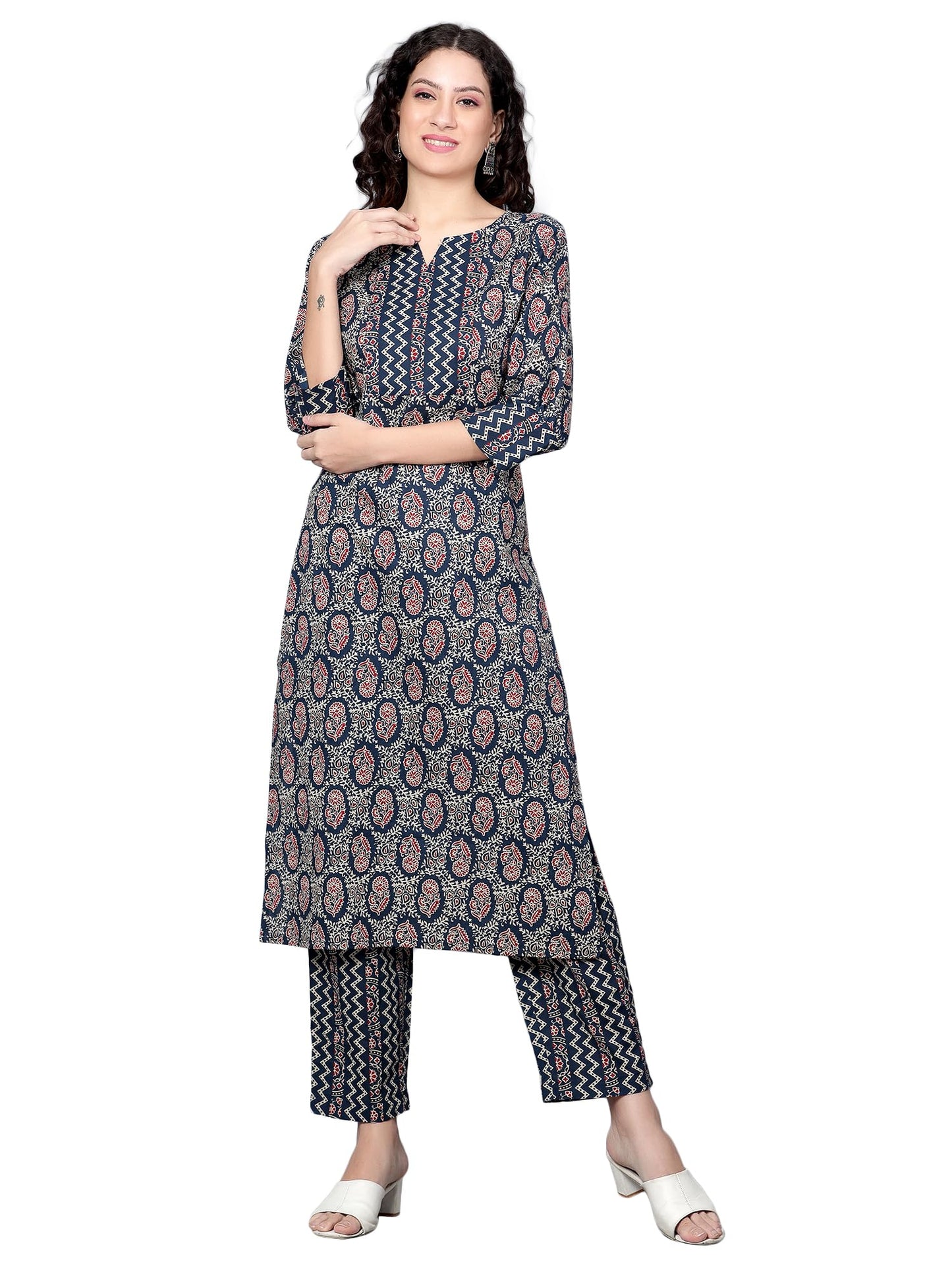 idaLia Indigo Blue Printed Cotton Kurta Set