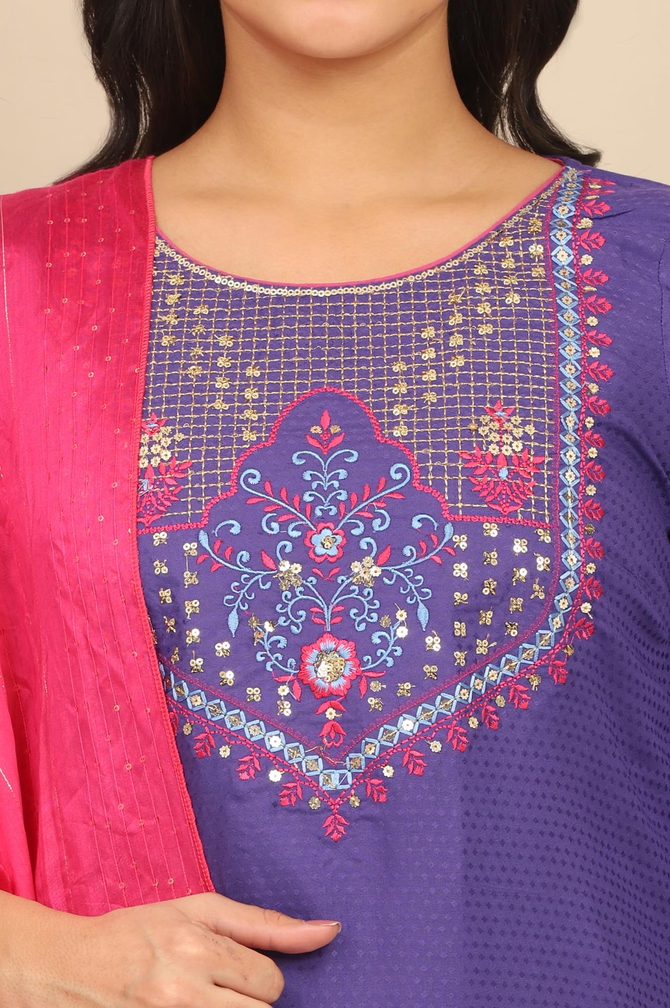 Aurelia Women's Blue Zari Embroidered Straight Kurta, Leggings and Dupatta Set