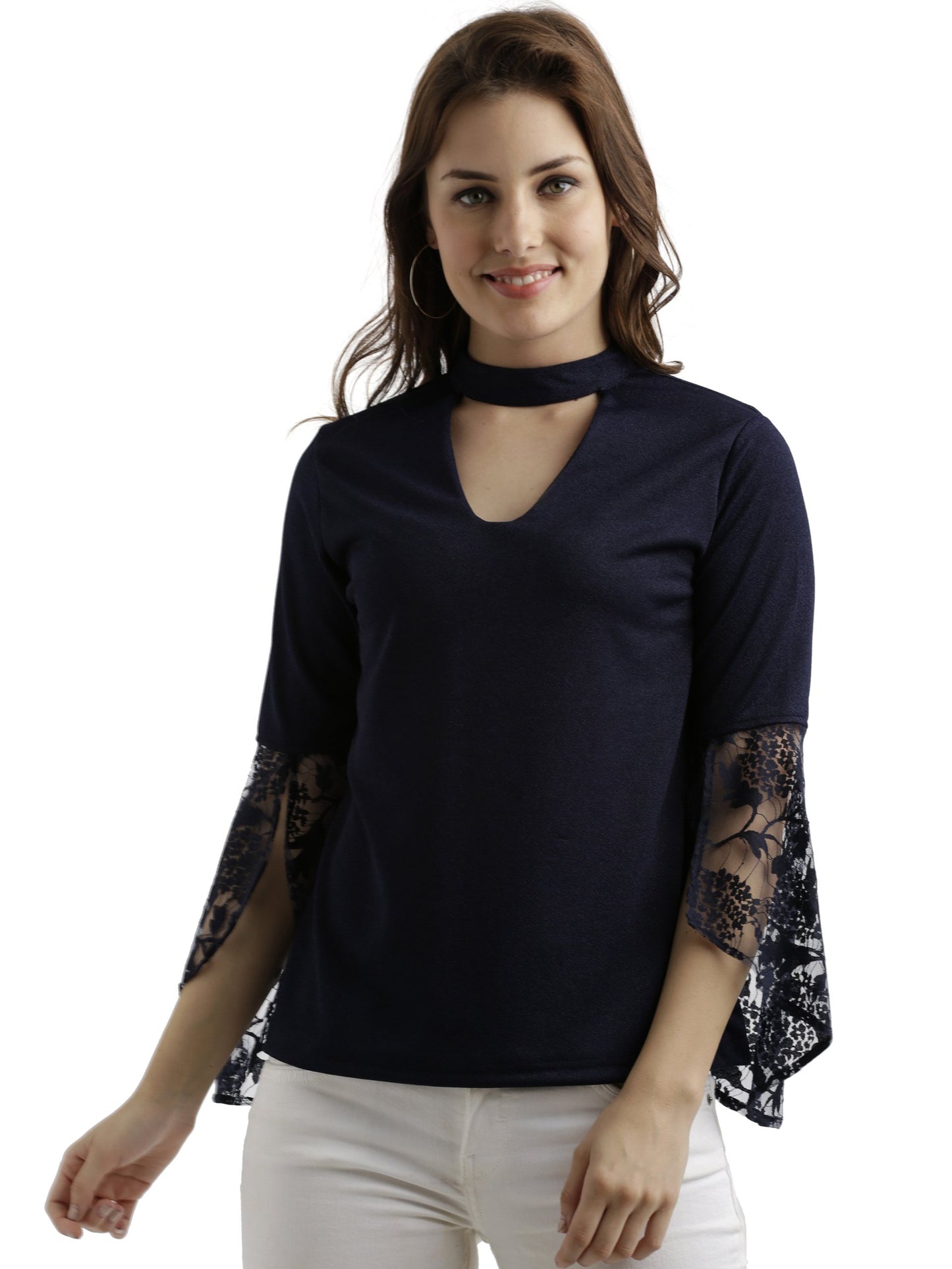 Miss Chase WomenS Black Round Neck 3/4 Sleeves Solid Lace Semi Sheer Split Sleeve Choker Style Top (Mcaw17Tp09-15-71-02, Navy B