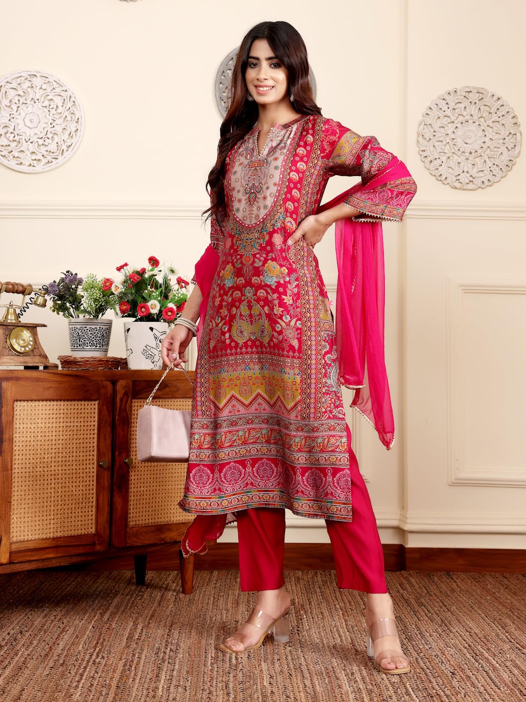 Varanga Women Pink Ethnic Floral Printed Gota Embellished Flared Sleeve Kurta With Solid Trouser & Dupatta Stylish Ethnic Set (