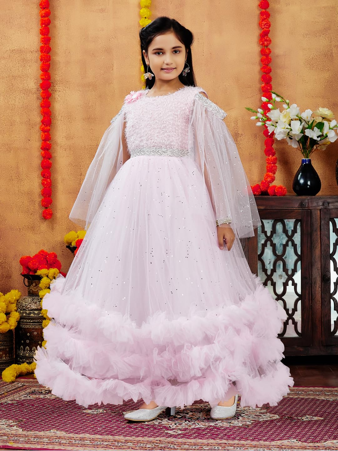 Aarika Girls Pink Colour Emballished Net Gown (4-11 Years)