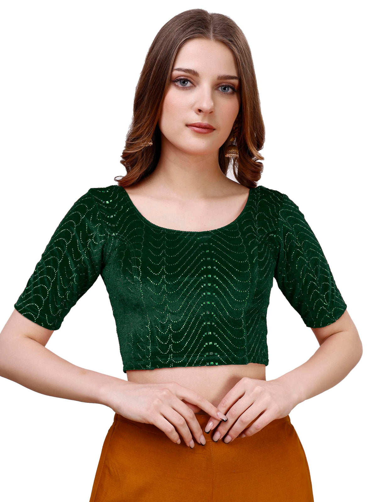 Pujia Mills WomenS Readymade Hosiery Velvet Lycra Stretchable Round Neck Half Sleeve Blouse With Jari Work Fancy Green Color Ly