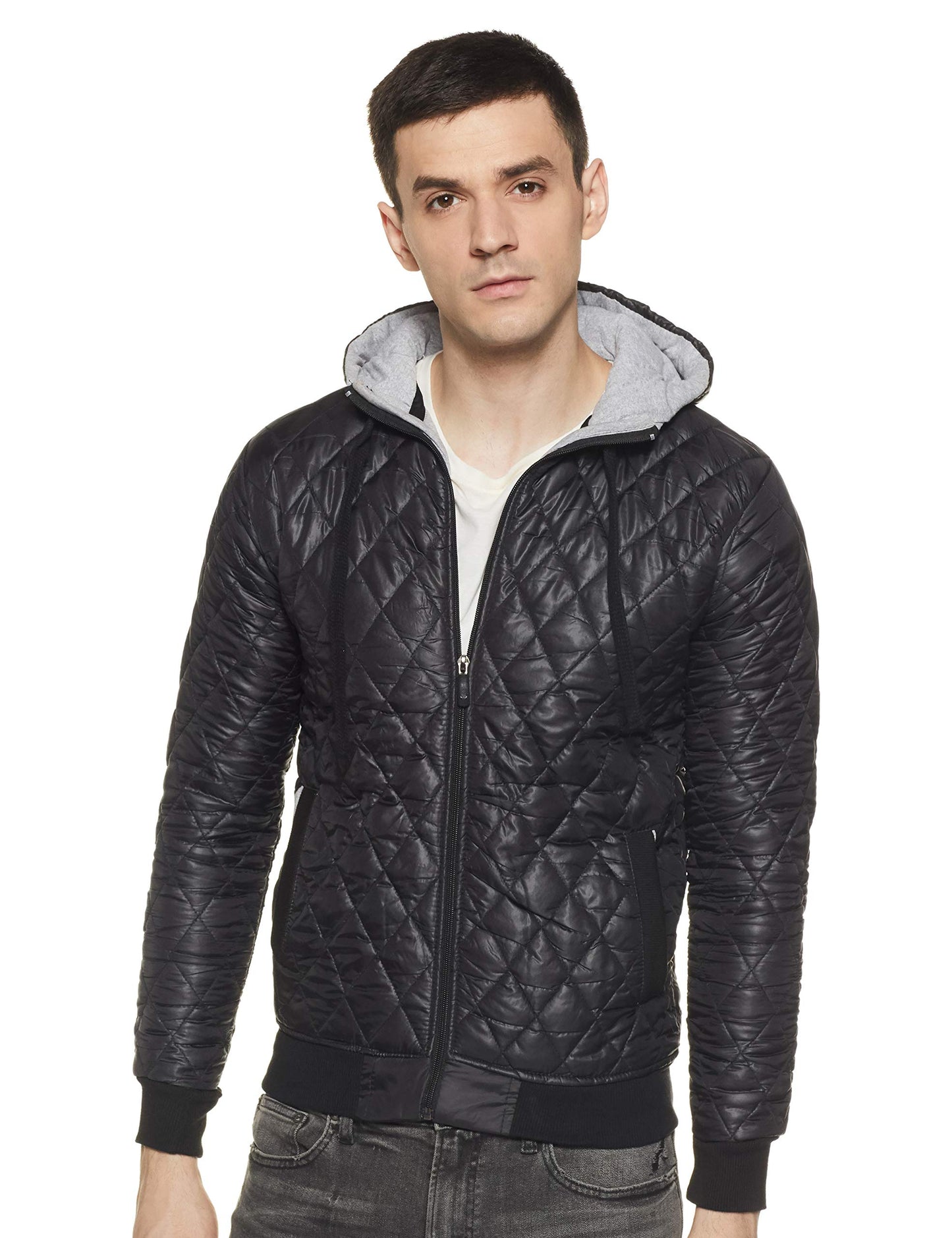 Campus Sutra Mens Solid Black Quilted Regular Fit Jacket for Casual Wear. Hooded Collar Jacket Crafted with Regular Full Sleeve