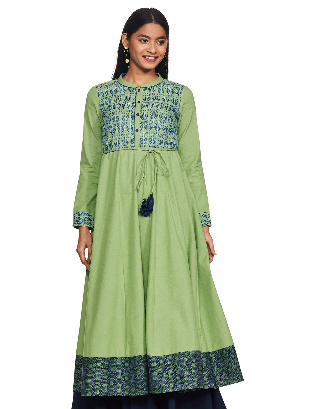 Aurelia WomenS Cotton Blend Green Herringbone Mandarin Collar Straight Kurta_20Noa11833-701323_S