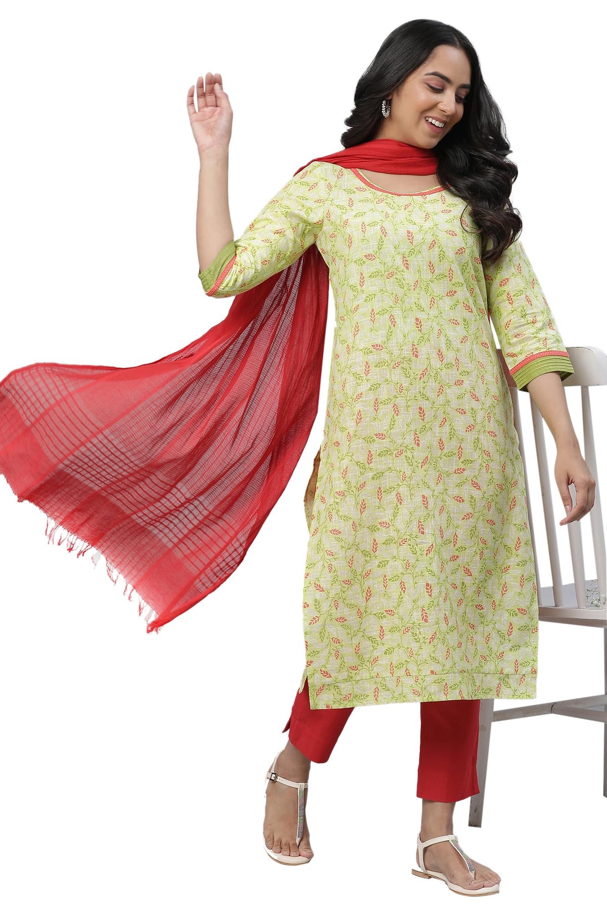 Aurelia Green Leaf Print Cotton Regular Kurta For Women