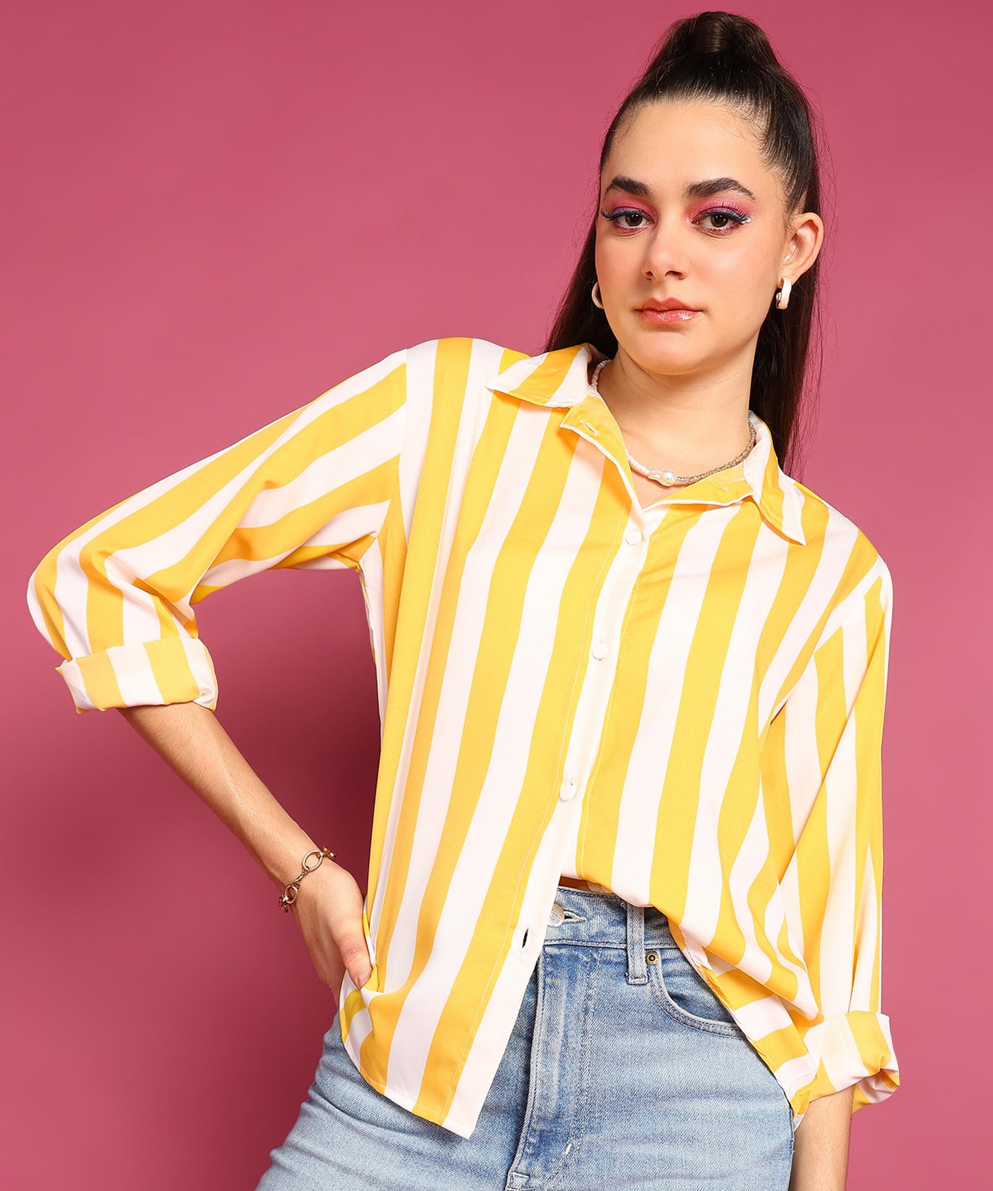 POPWINGS Stripe Printed Crepe Shirt for Women Stylish Western Casual Regular Fit Full Sleeves Shirts for Women Shirt