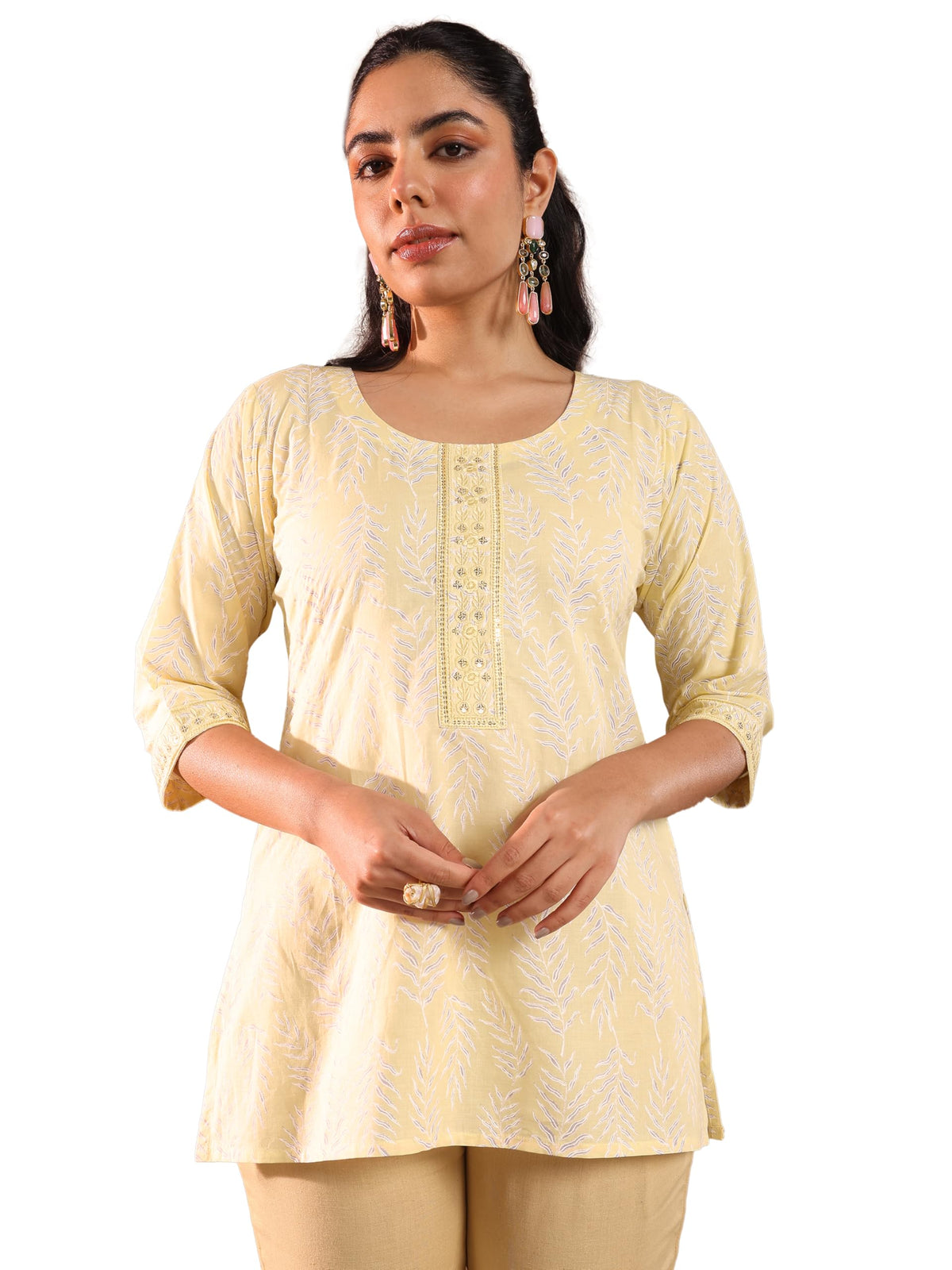 Libas Womens Printed Cotton Straight Kurti For Women Yellow