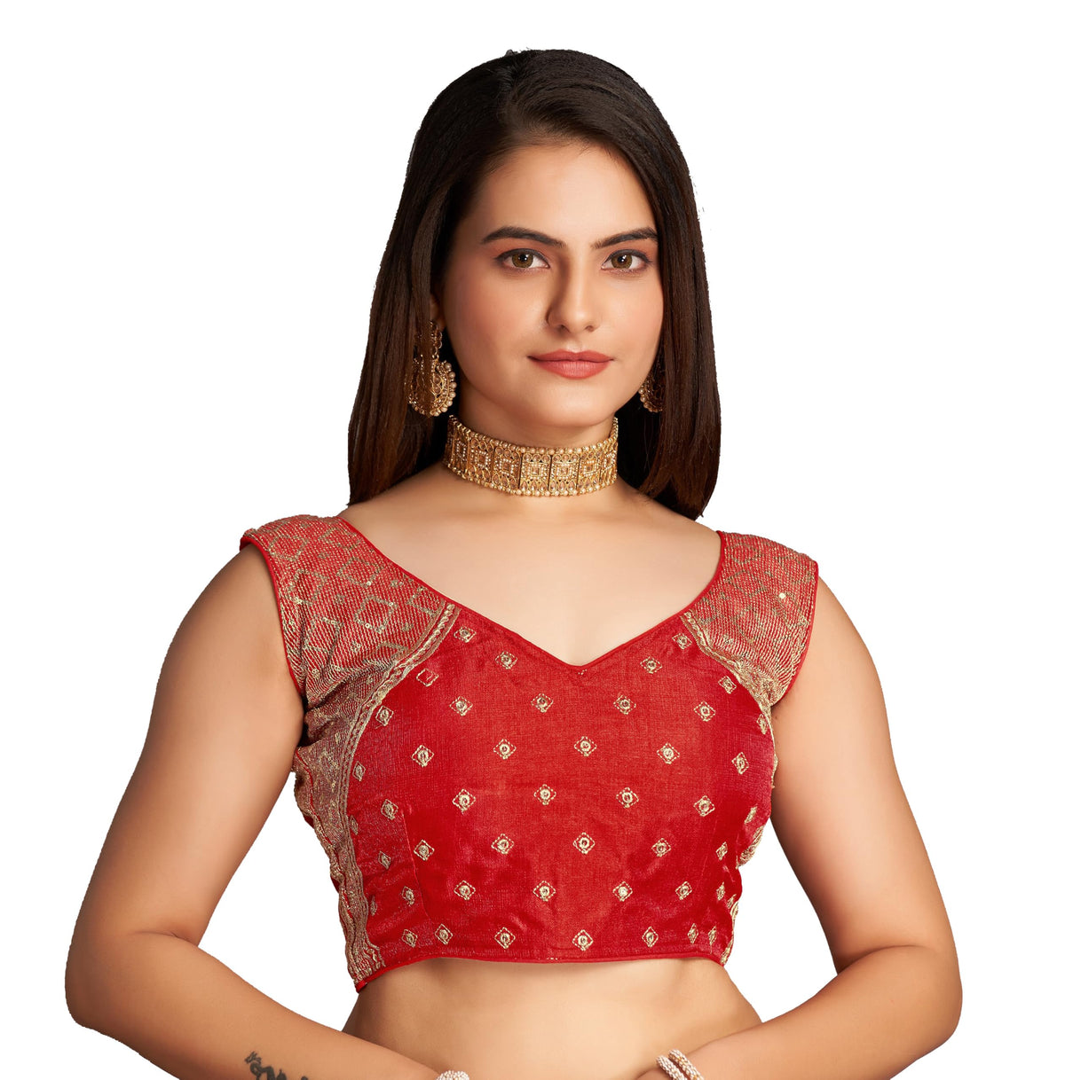 Pujia Mills WomenS Sequin Embroidered V Neck Sleeveless Red Readymade Saree Blouse Indian Ethnic Stitched Padded Blouses For Wo