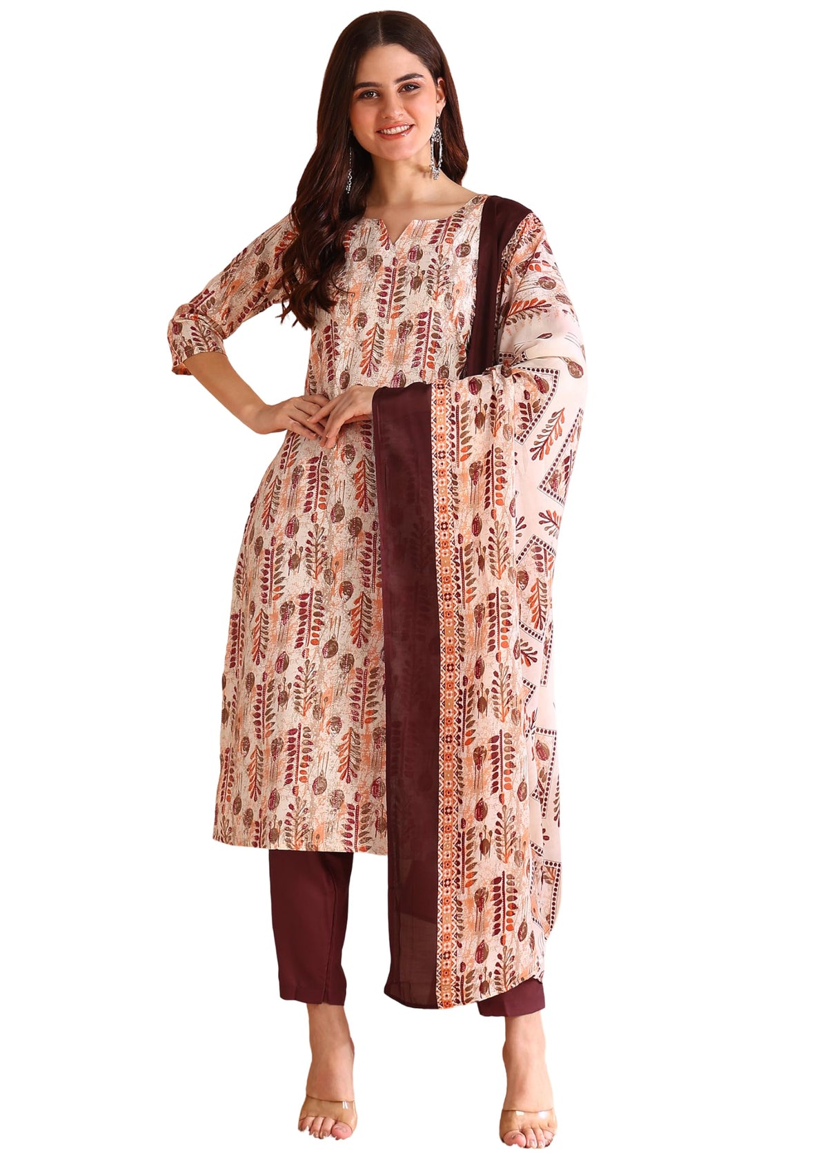 Memore WomenS Poly Rayon Straight Kurta Pant With Notch Neck 3/4Th Sleeves Floral Printed Calf Length Regular Fit And Dupatta S
