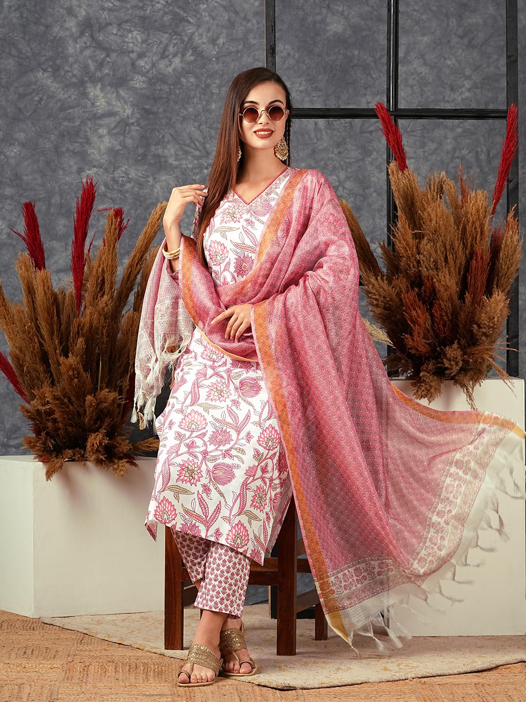 ANNI DESIGNER Women Cotton Blend Casual Style Kurta With Pant & Dupatta