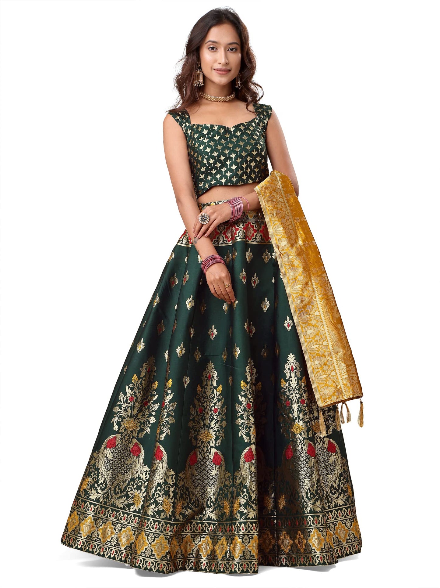 Purvaja WomenS Jacquard Semi-Stitched Lehenga Choli (Indra-D-Green_Green_Free Size)