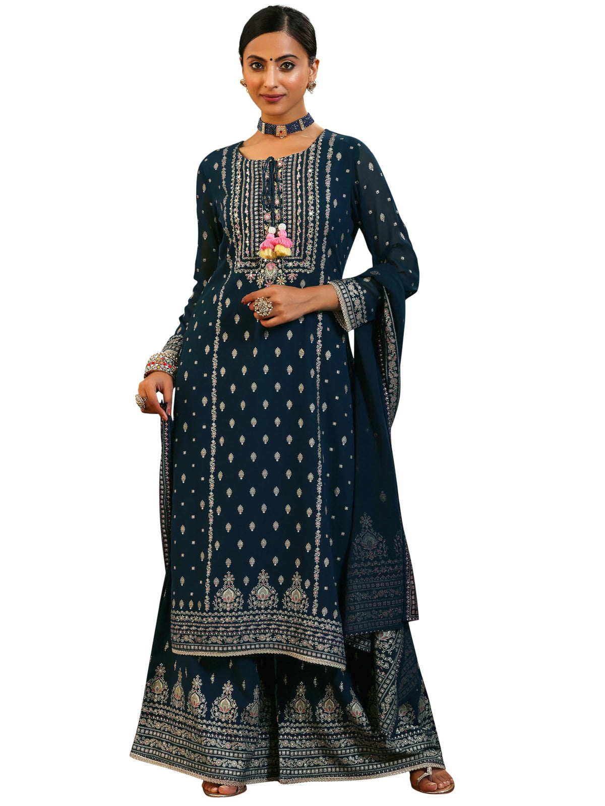 Libas Womens Printed Georgette Straight Kurta With Palazzos And Dupatta