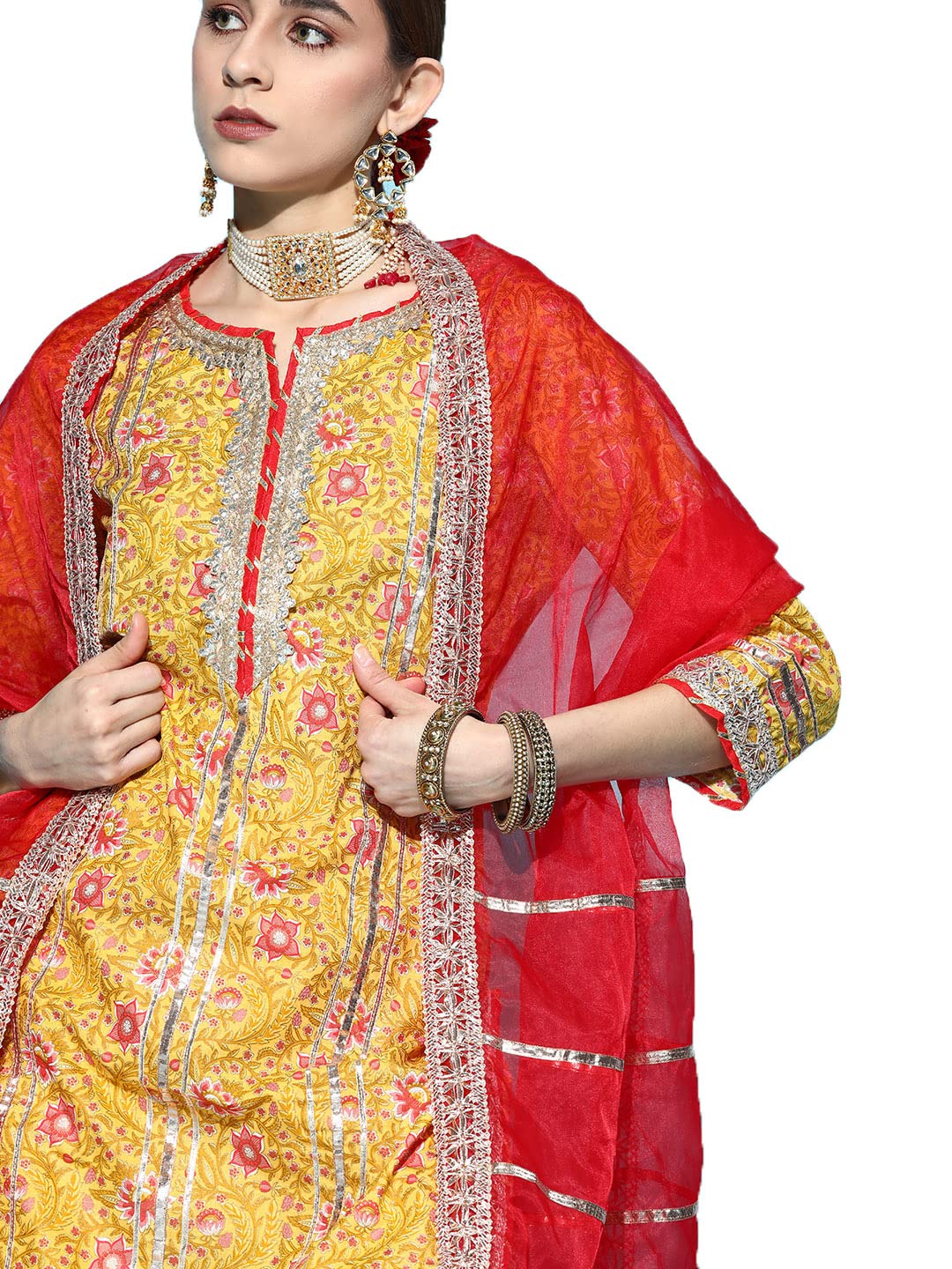 ishin Women's Yellow Gotta Patti Embroidered A-Line Kurta Set with Sharara and Dupatta