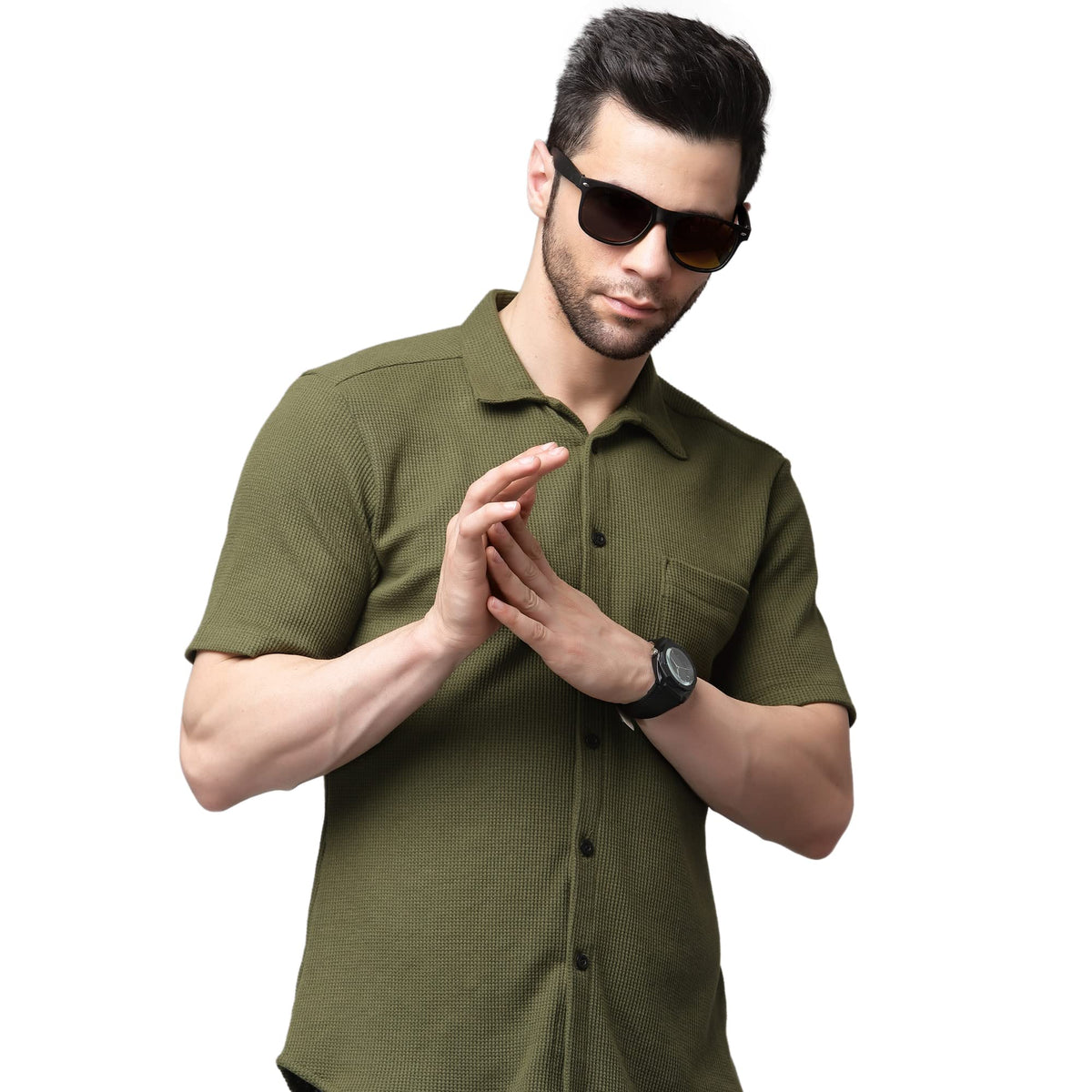 Rigo Waffle Knit Self-Textured Slim Fit Shirt for Mens | Half Sleeve Shirt for Men | Summer Shirts for Men Olive