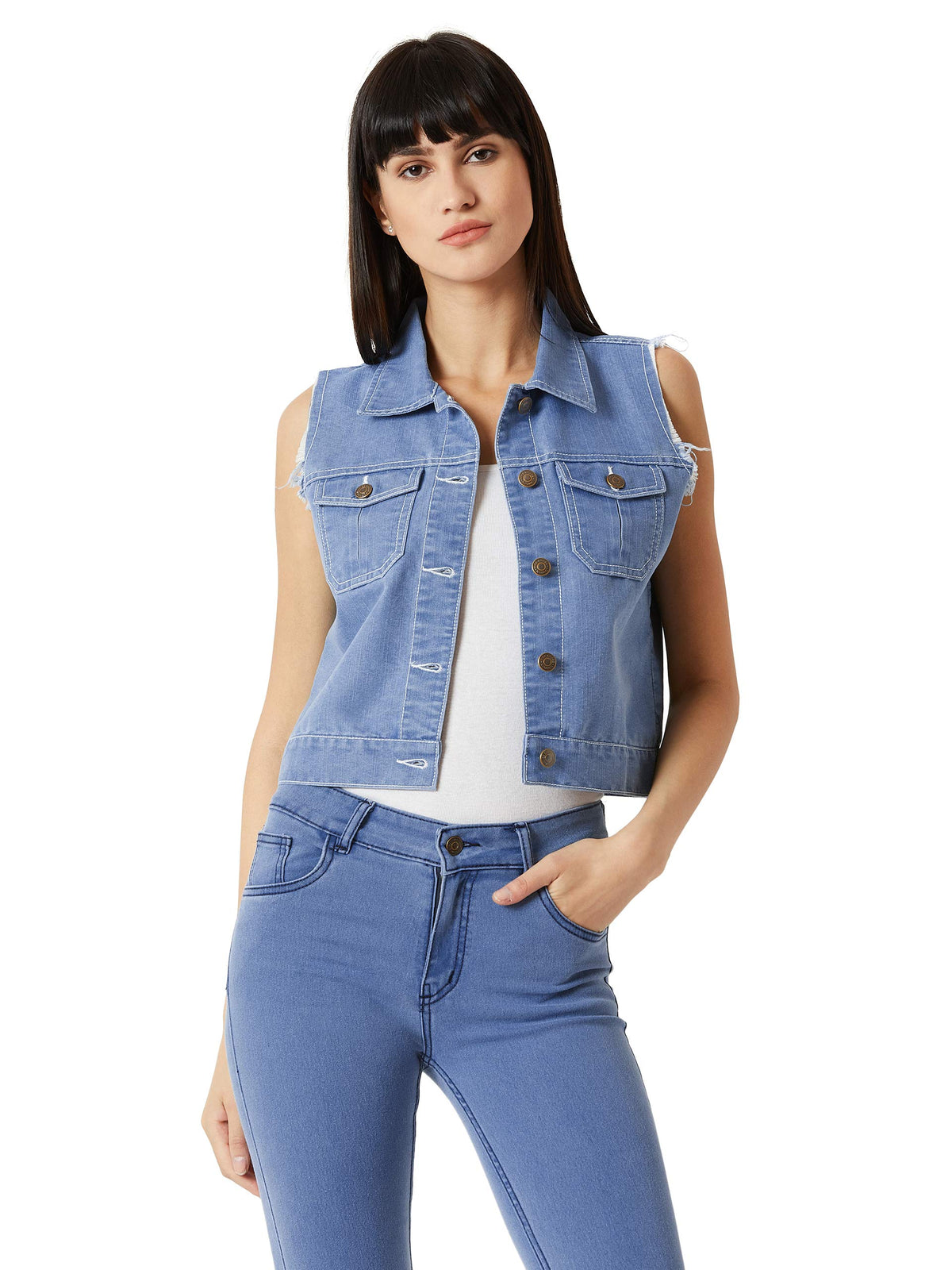 Miss Chase WomenS Light Blue Polo Neck Sleeveless Denim Solid Buttoned Ice Wash Raw Edge Detailing Crop Denim Jacket (Mcss19Den