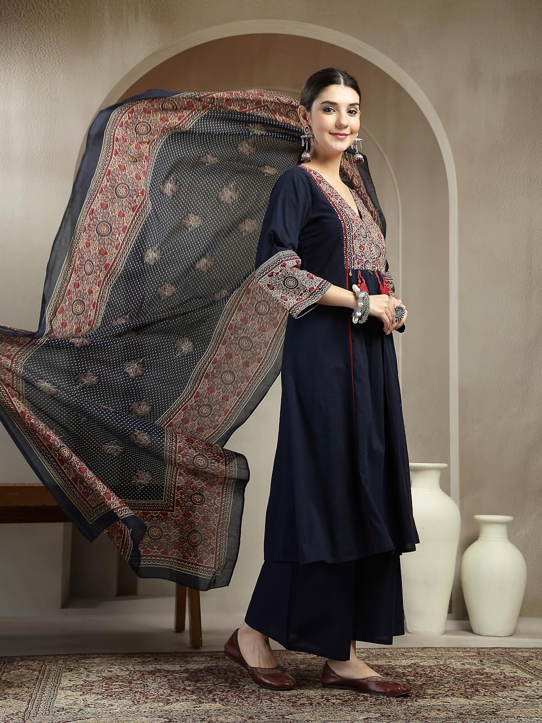 Stylum Womens Ajrakh Printed Cotton A-Line Kurta Pant Dupatta Set